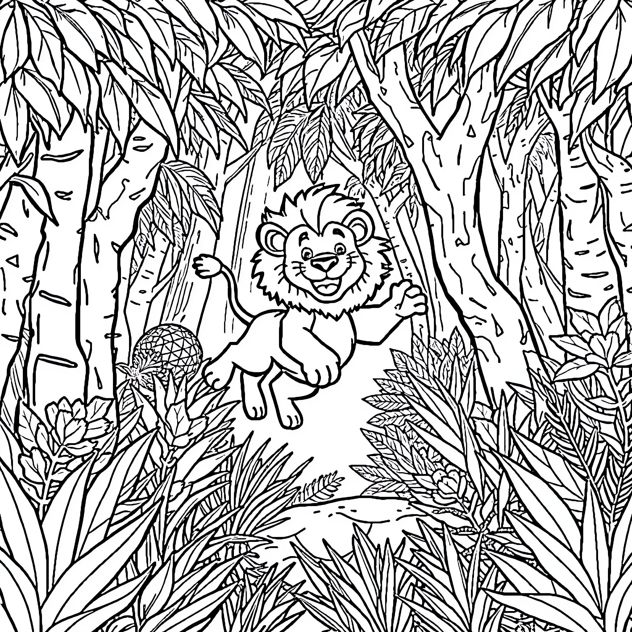 Lion exploring the lush jungle Coloring Page (free black-and-white line drawing printable PDF for all, from beginners to advanced learners, including children, teens, adults, and seniors)