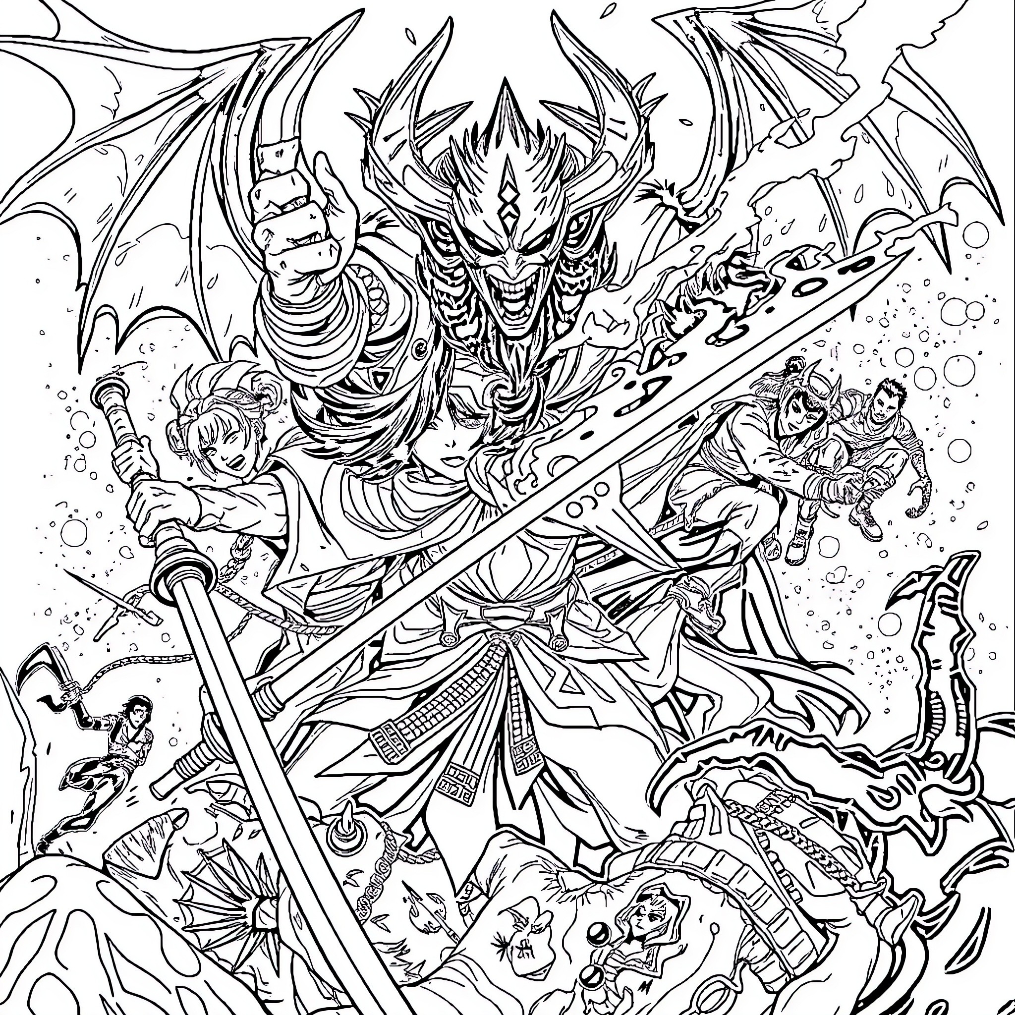 Rumi's Fantastical Battle Amidst Chaos Coloring Page (free black-and-white line drawing printable PDF for all, from beginners to advanced learners, including children, teens, adults, and seniors)