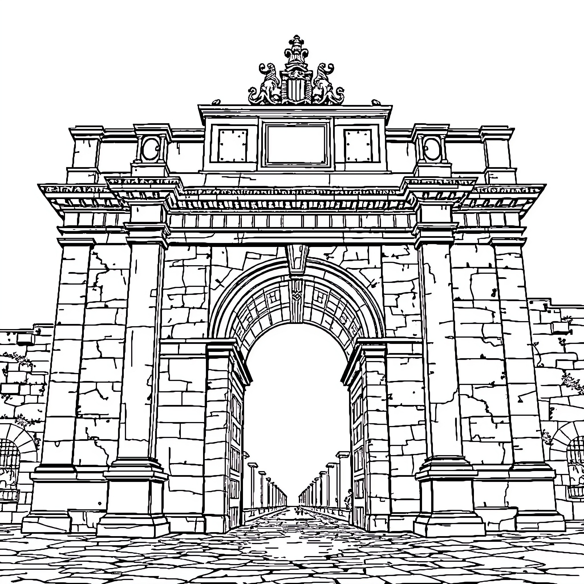 Porta Nigra: Majestic Stone Archway and Columns Coloring Page (free black-and-white line drawing printable PDF for all, from beginners to advanced learners, including children, teens, adults, and seniors)