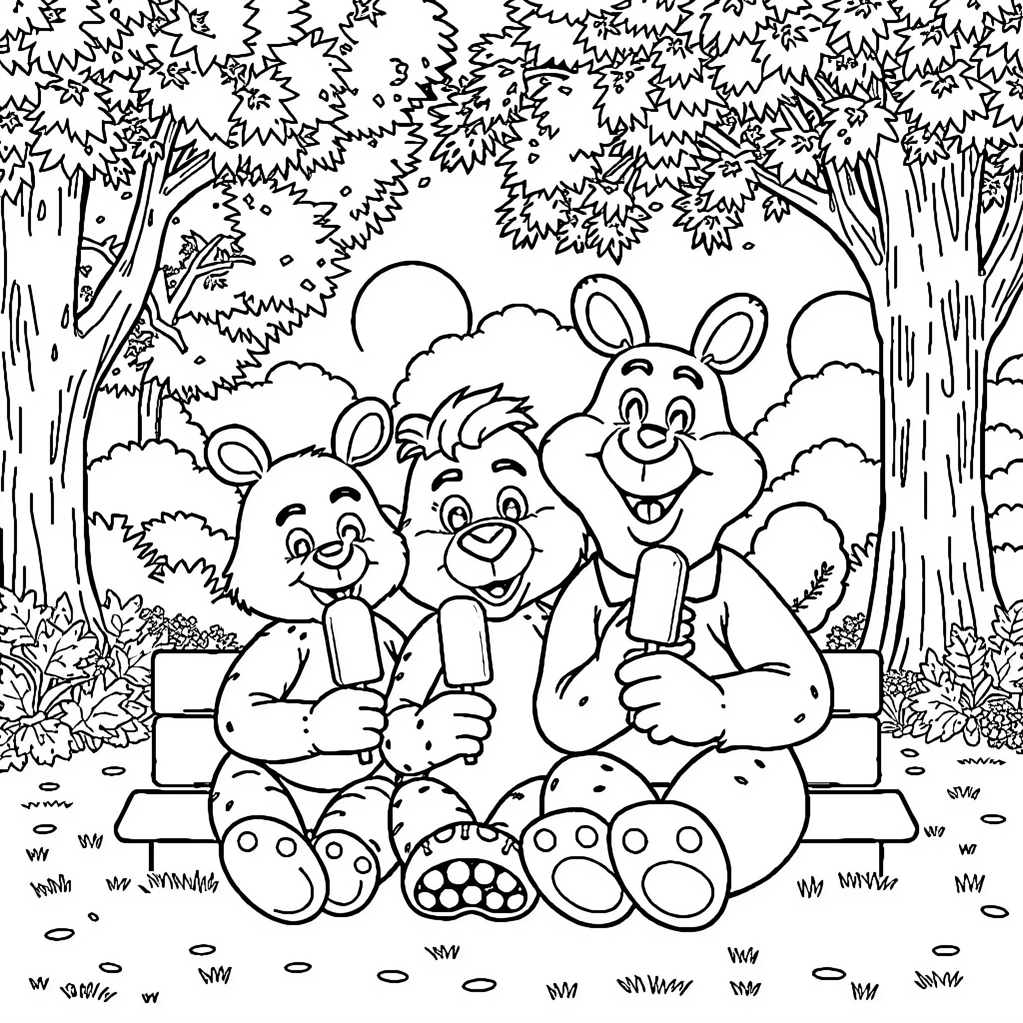 FNAF Friendly Cartoon Bears in the Forest Coloring Page (free black-and-white line drawing printable PDF for all, from beginners to advanced learners, including children, teens, adults, and seniors)