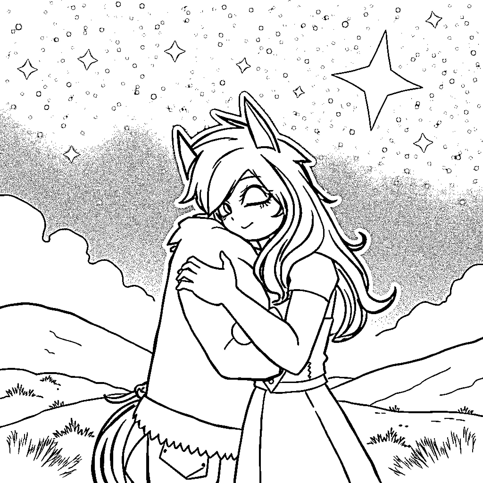 Herobrine Embraces the Starry Night Sky Coloring Page (free black-and-white line drawing printable PDF for all, from beginners to advanced learners, including children, teens, adults, and seniors)