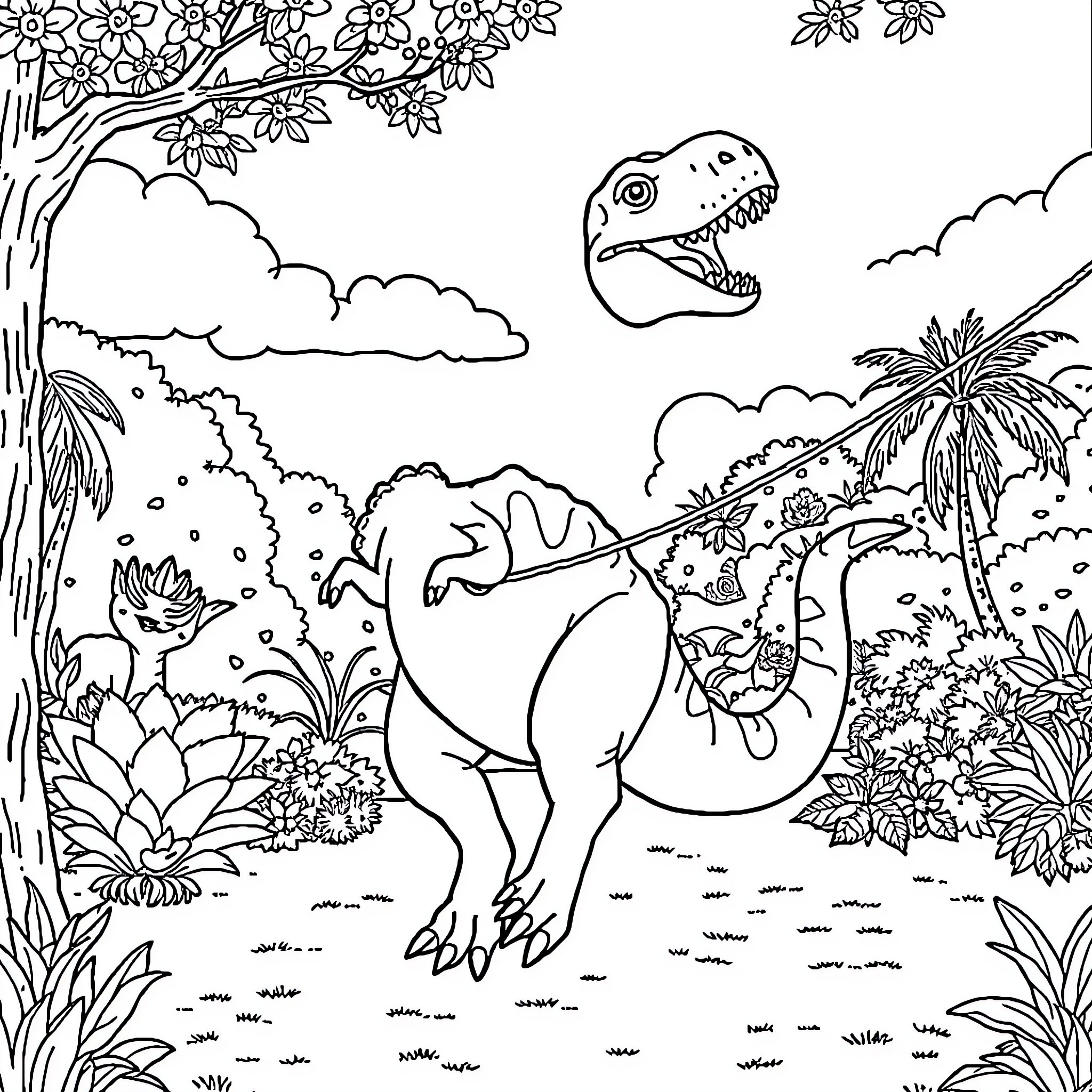 Dinosaure roaming the prehistoric landscape Coloring Page (free black-and-white line drawing printable PDF for all, from beginners to advanced learners, including children, teens, adults, and seniors)
