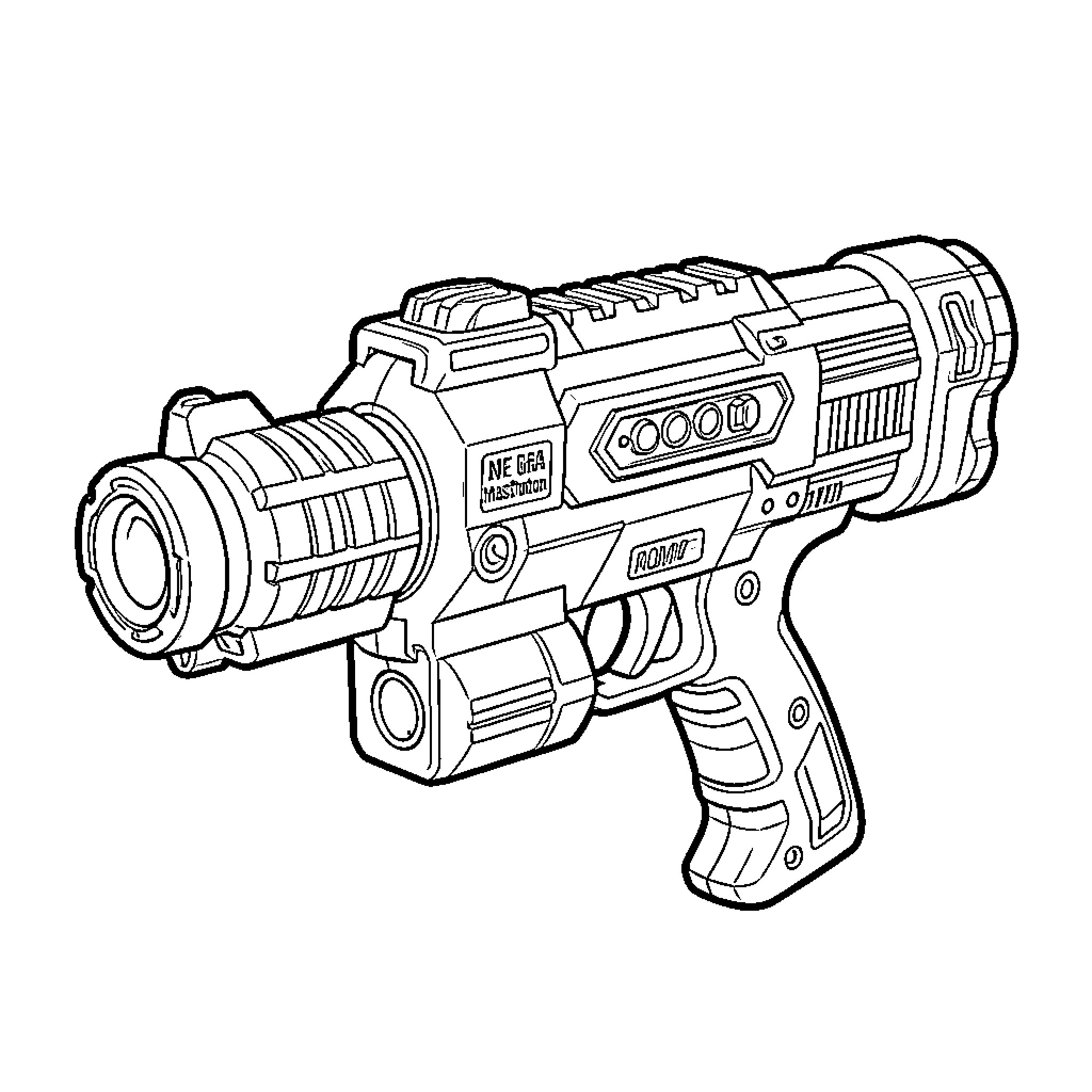 Nerf Gun toy blaster shown in a detailed view Coloring Page (free black-and-white line drawing printable PDF for all, from beginners to advanced learners, including children, teens, adults, and seniors)