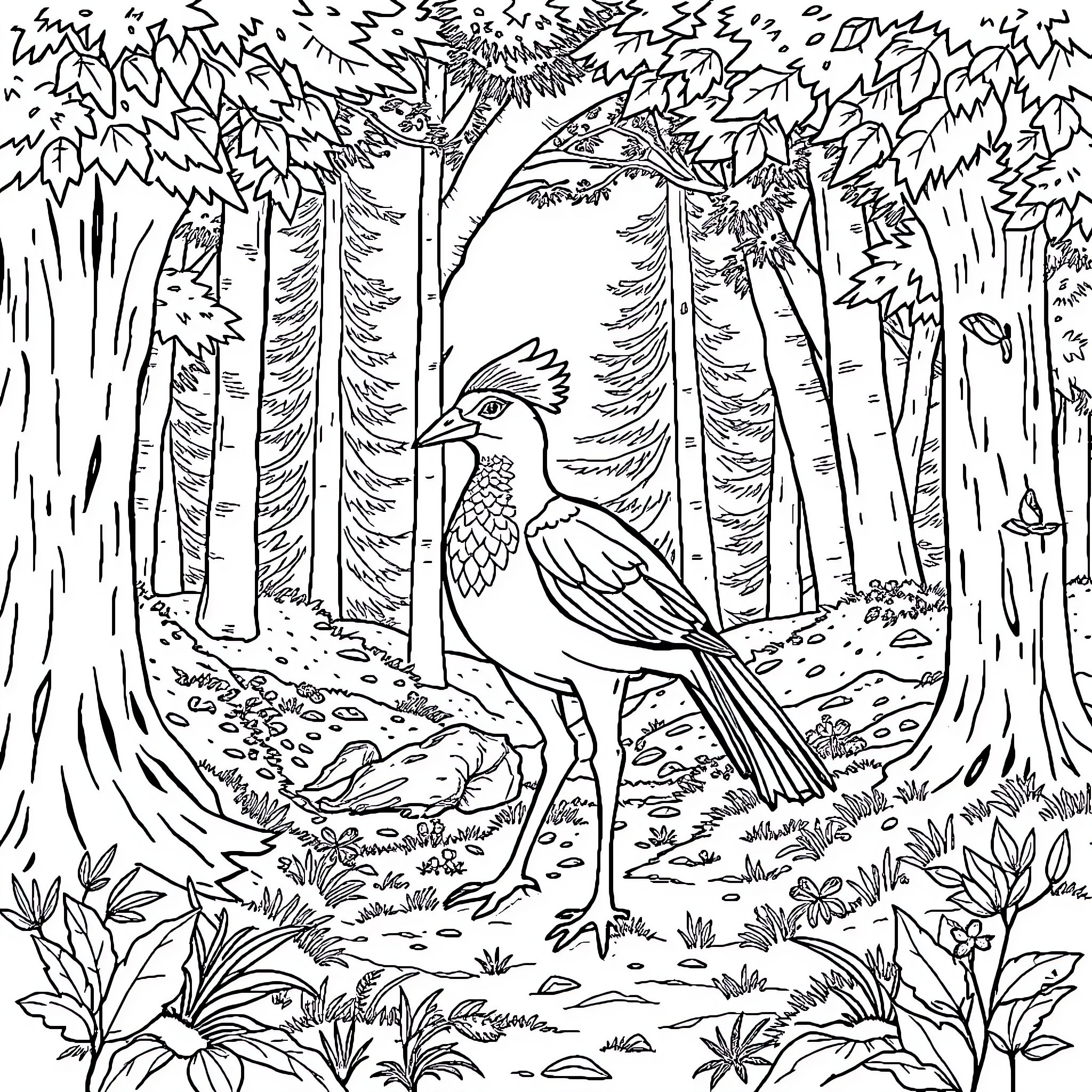 Deer walking through the tranquil forest Coloring Page (free black-and-white line drawing printable PDF for all, from beginners to advanced learners, including children, teens, adults, and seniors)