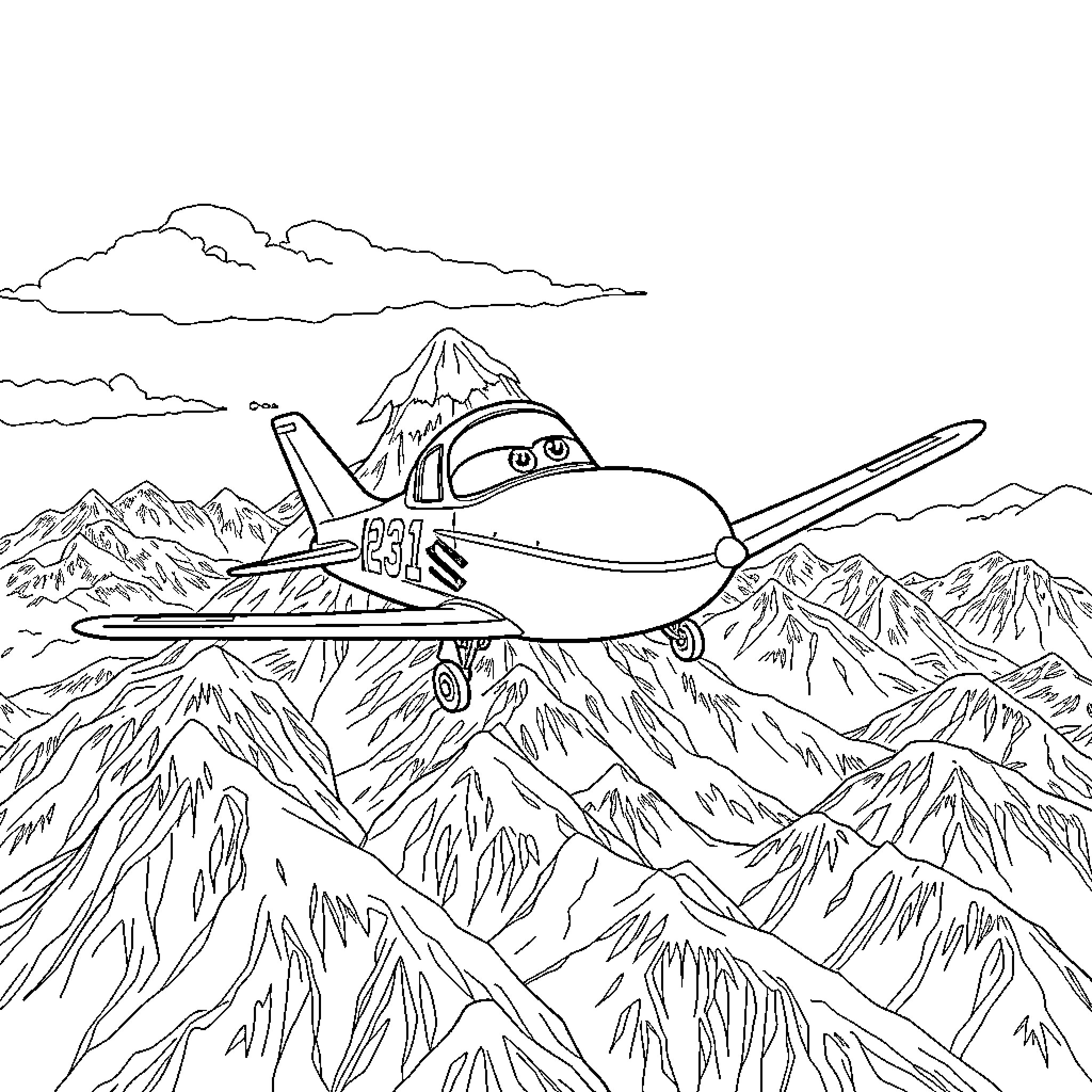 Dusty Aircraft Soaring Over Rugged Mountains Coloring Page (free black-and-white line drawing printable PDF for all, from beginners to advanced learners, including children, teens, adults, and seniors)