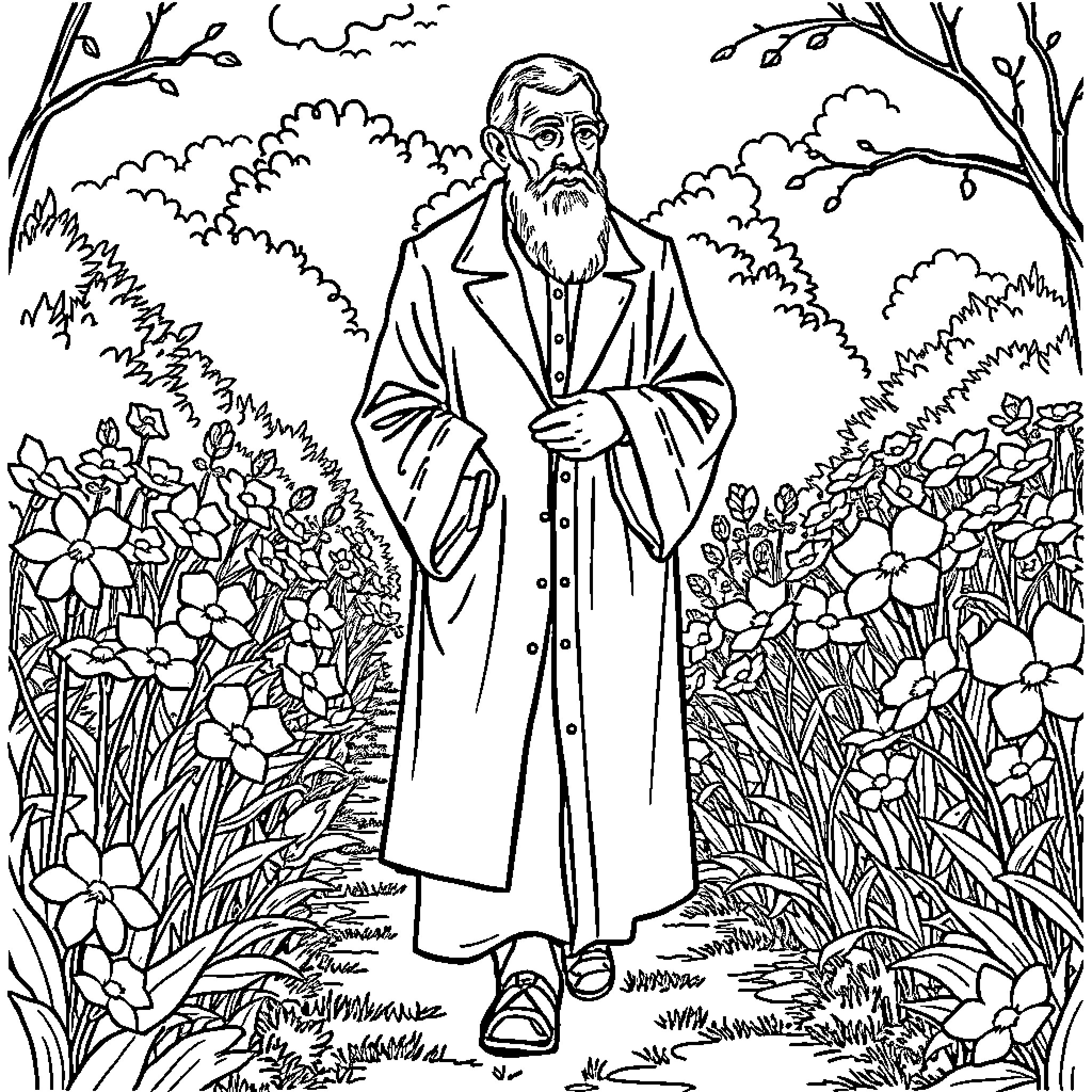St. John Henry Newman standing in a garden Coloring Page (free black-and-white line drawing printable PDF for all, from beginners to advanced learners, including children, teens, adults, and seniors)