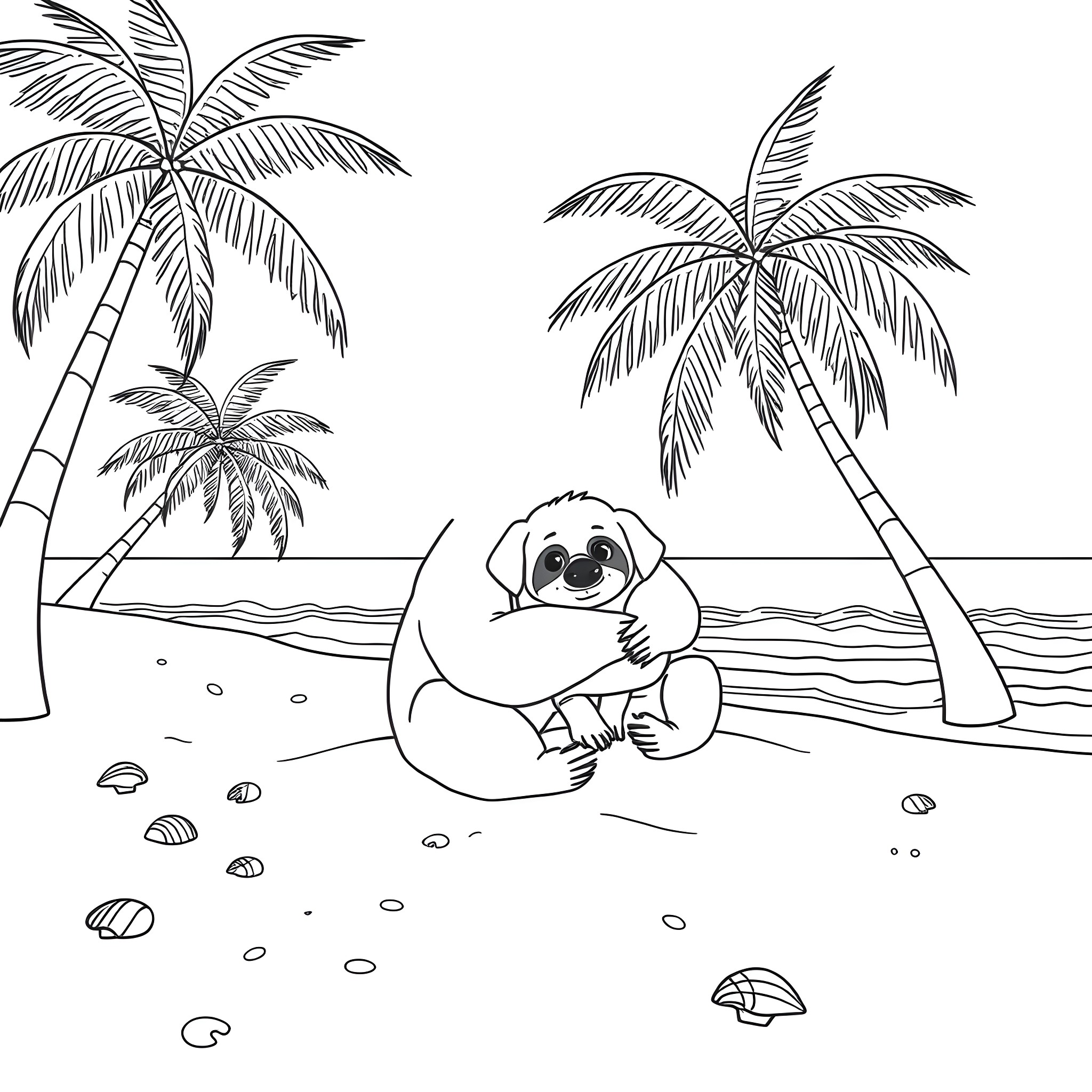 Sloth relaxing on the beach with palm trees Coloring Page (free black-and-white line drawing printable PDF for all, from beginners to advanced learners, including children, teens, adults, and seniors)