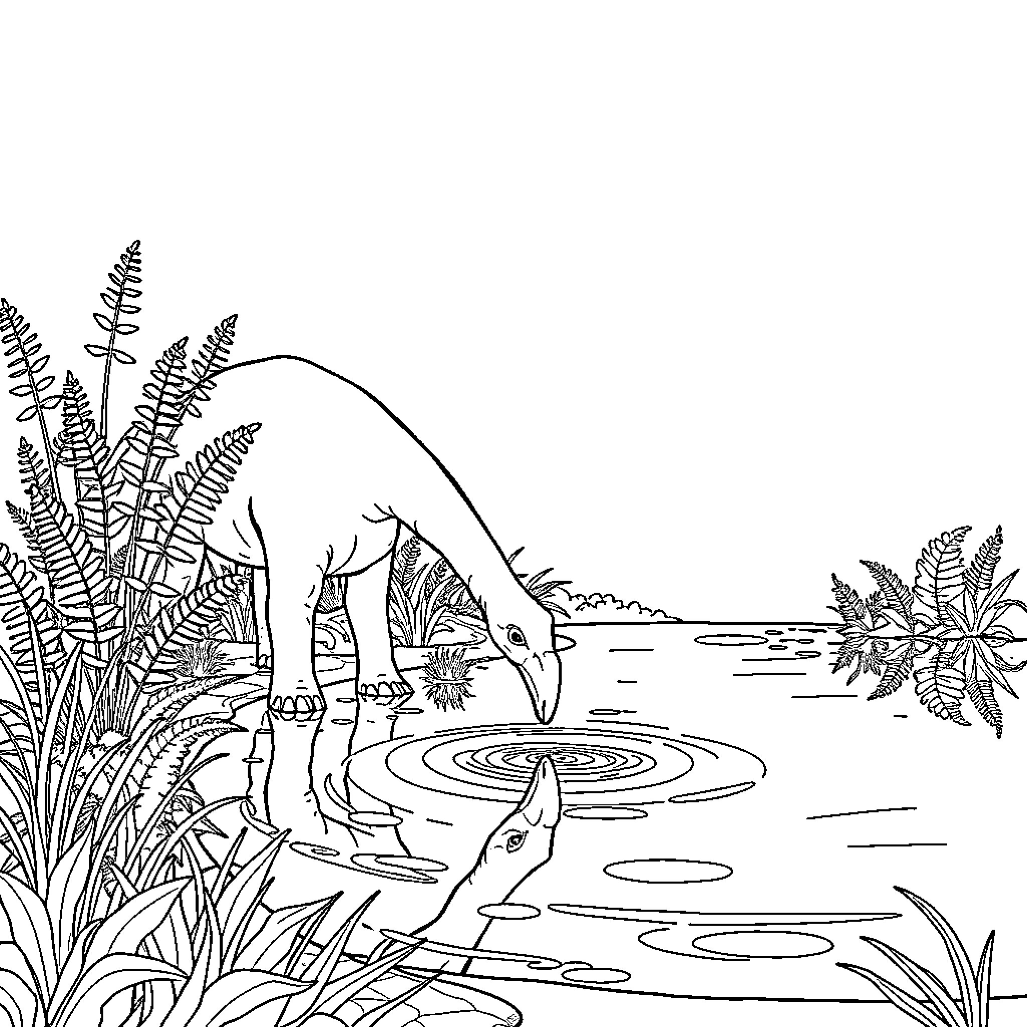 Diplodocus wading in tranquil pond surrounded by lush foliage Coloring Page (free black-and-white line drawing printable PDF for all, from beginners to advanced learners, including children, teens, adults, and seniors)