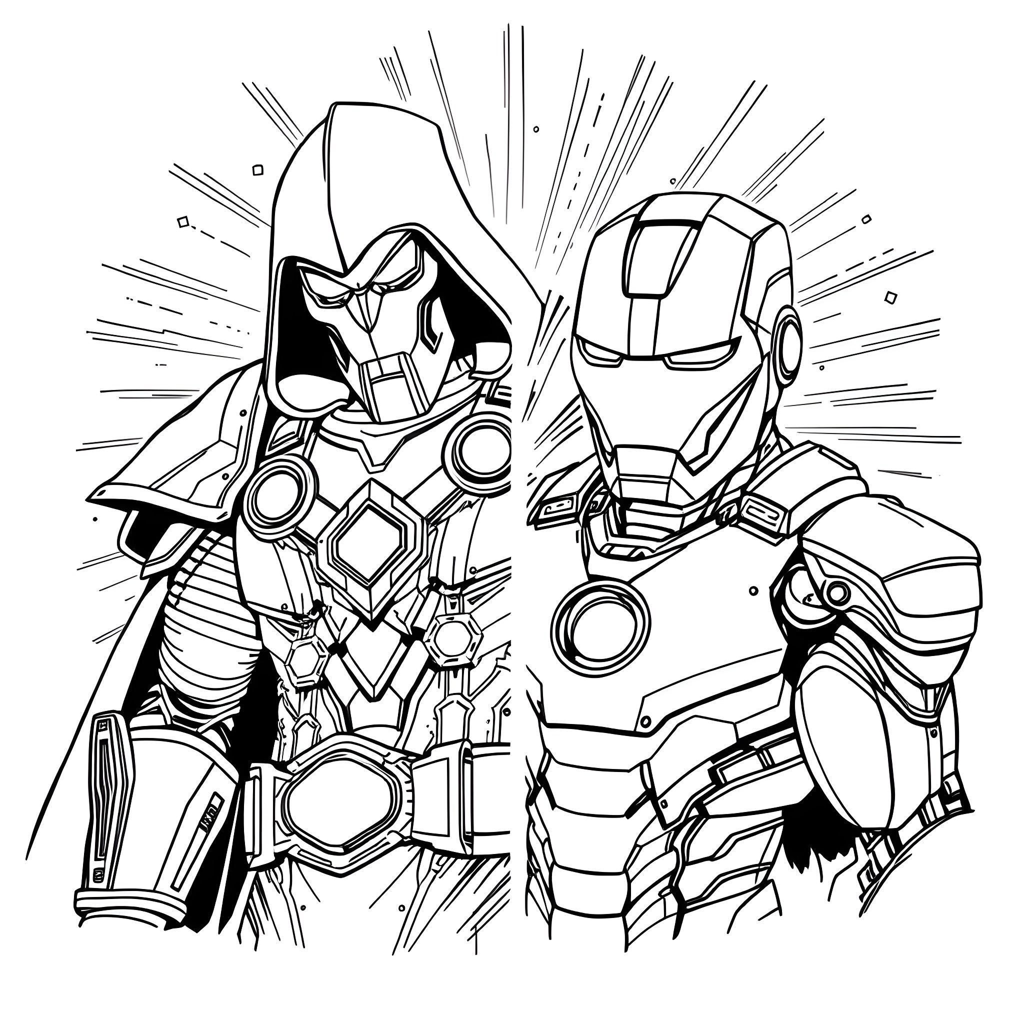 Doctor Doom in battle with Iron Man Coloring Page (free black-and-white line drawing printable PDF for all, from beginners to advanced learners, including children, teens, adults, and seniors)