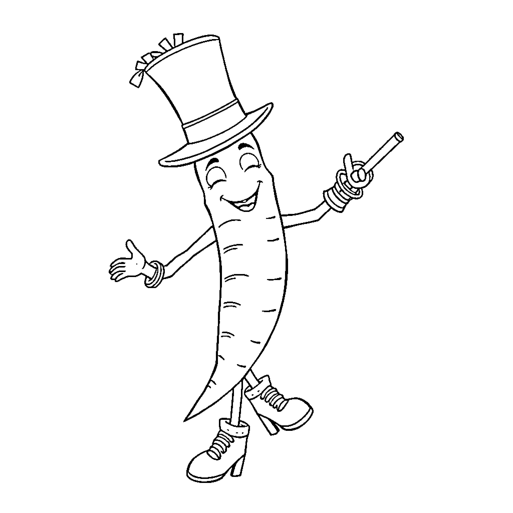 Carrot character dancing and waving with top hat Coloring Page (free black-and-white line drawing printable PDF for all, from beginners to advanced learners, including children, teens, adults, and seniors)