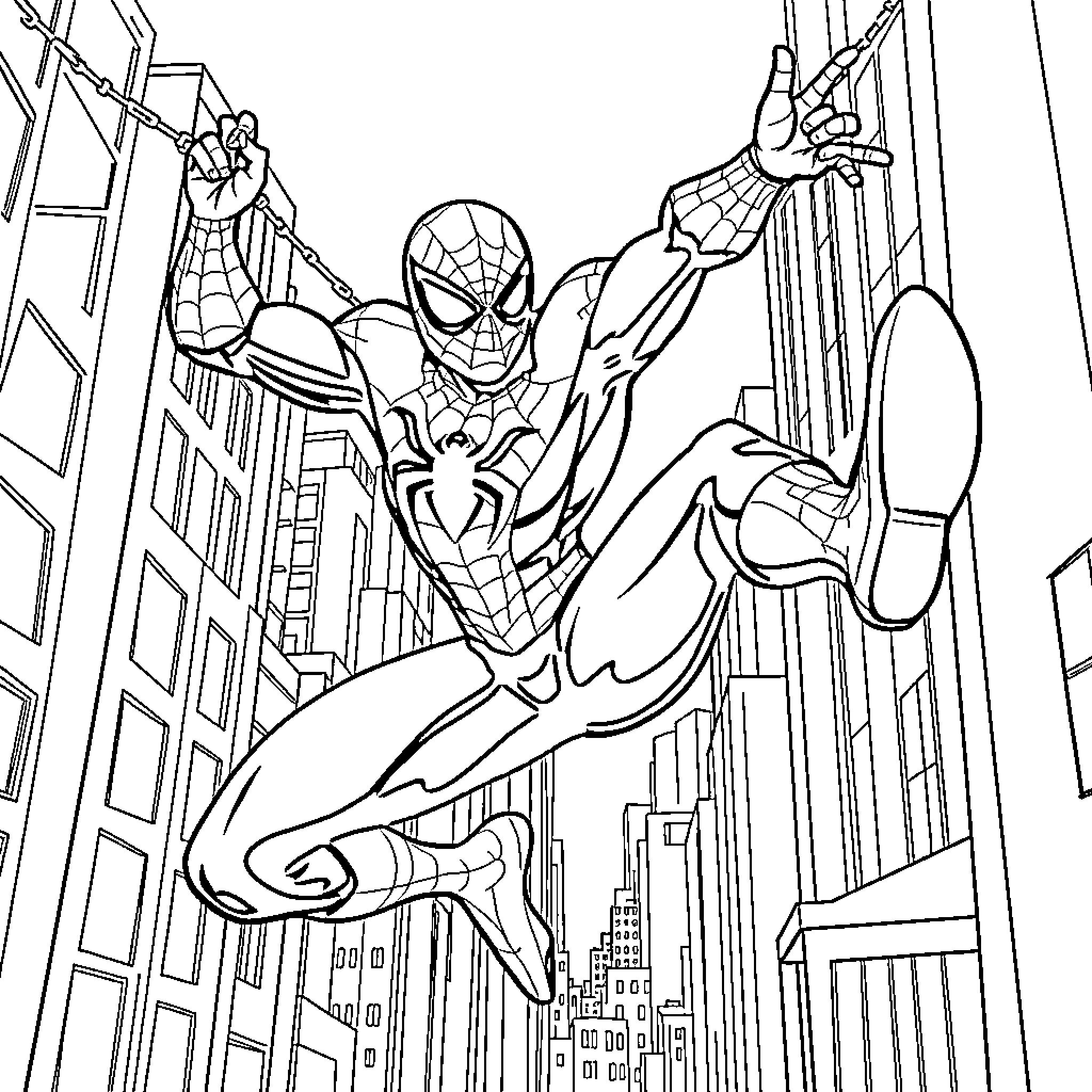 Spiderman swinging through the city skyline Coloring Page (free black-and-white line drawing printable PDF for all, from beginners to advanced learners, including children, teens, adults, and seniors)
