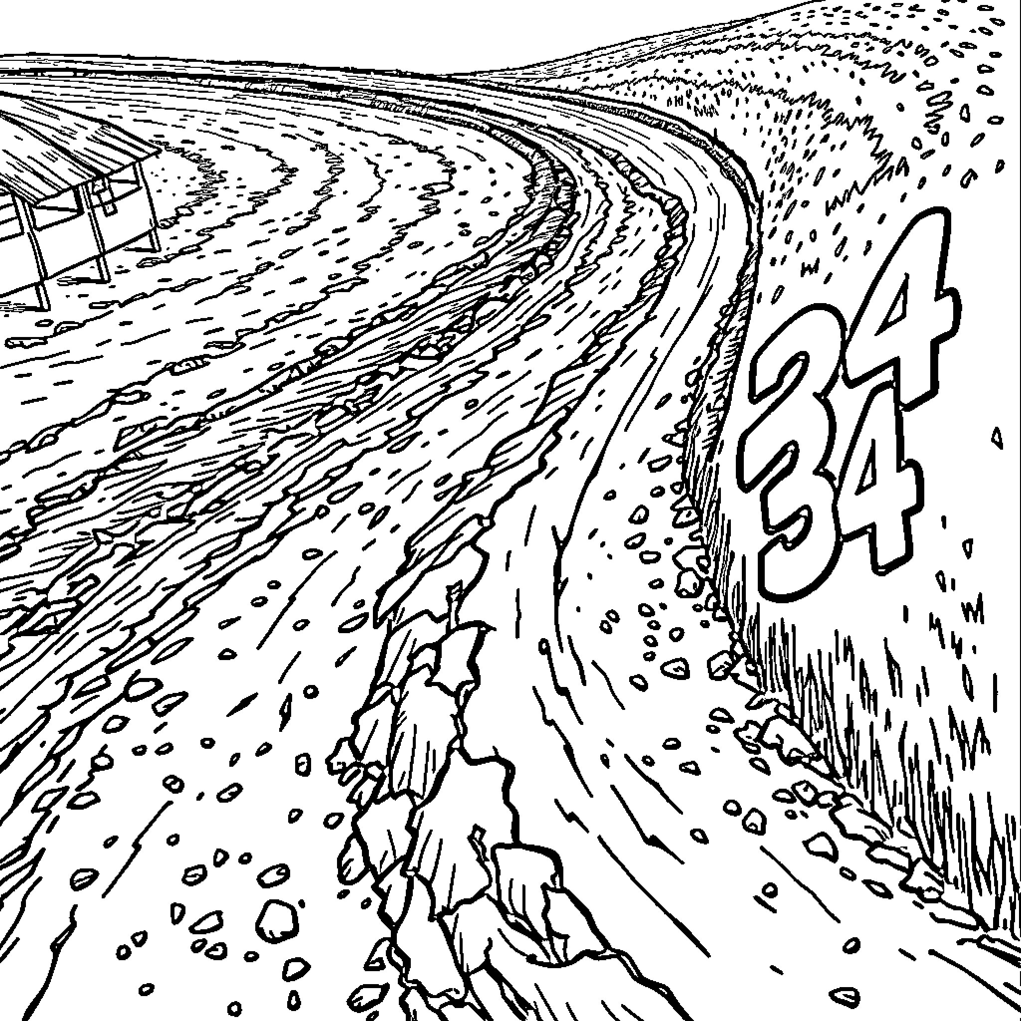 Dirt Track Racers Navigating Winding Course Coloring Page (free black-and-white line drawing printable PDF for all, from beginners to advanced learners, including children, teens, adults, and seniors)