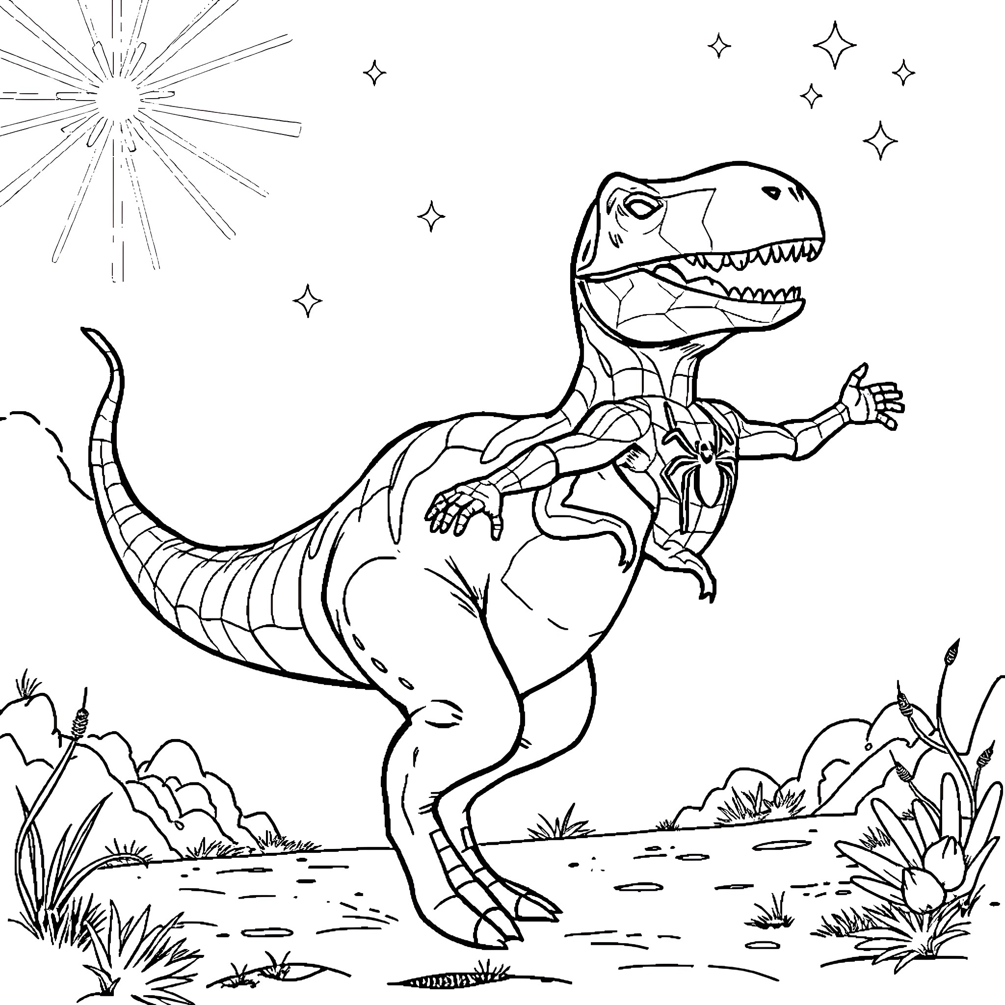 Dinosaur roaring in prehistoric landscape Coloring Page (free black-and-white line drawing printable PDF for all, from beginners to advanced learners, including children, teens, adults, and seniors)