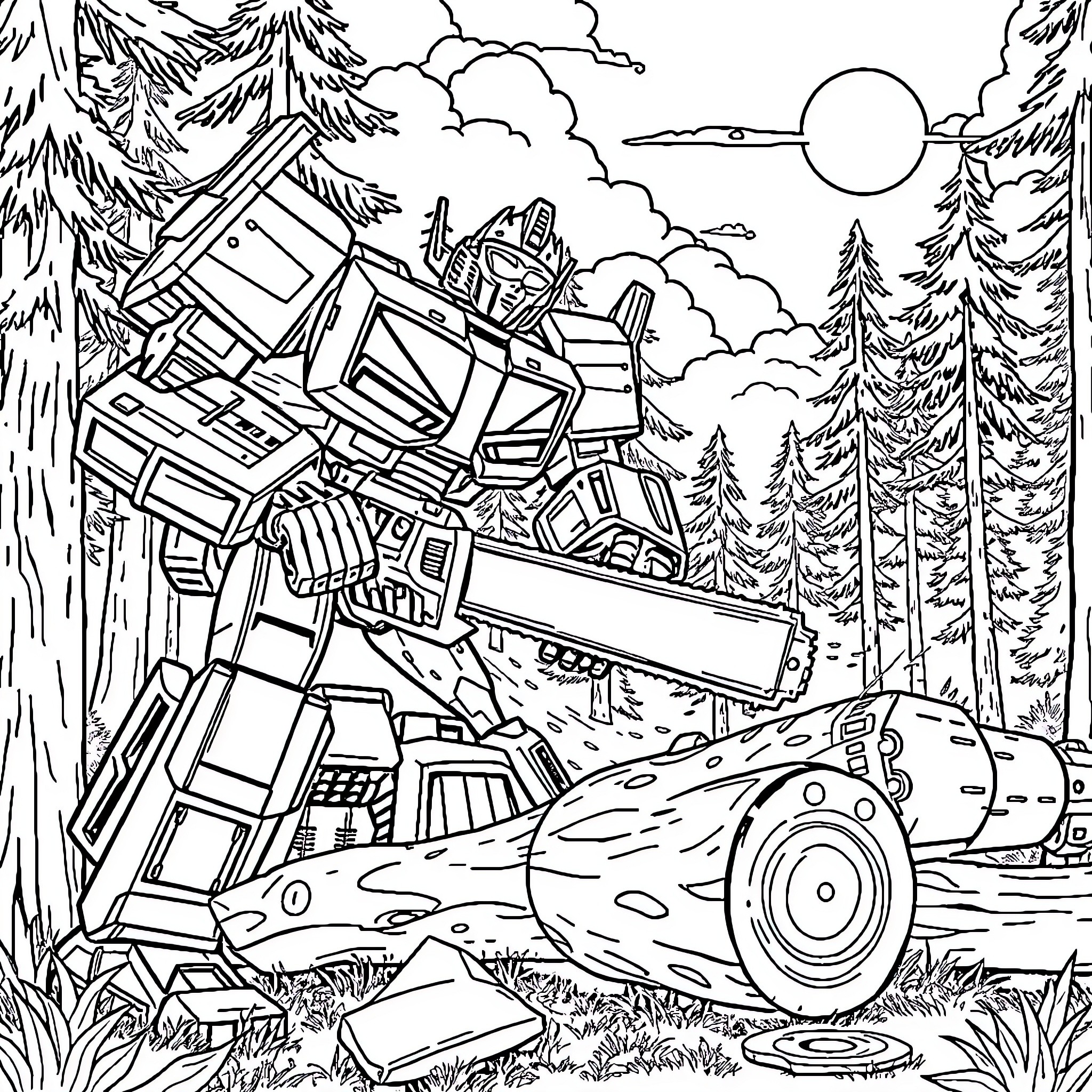 Transformer robot in action in nature landscape Coloring Page (free black-and-white line drawing printable PDF for all, from beginners to advanced learners, including children, teens, adults, and seniors)