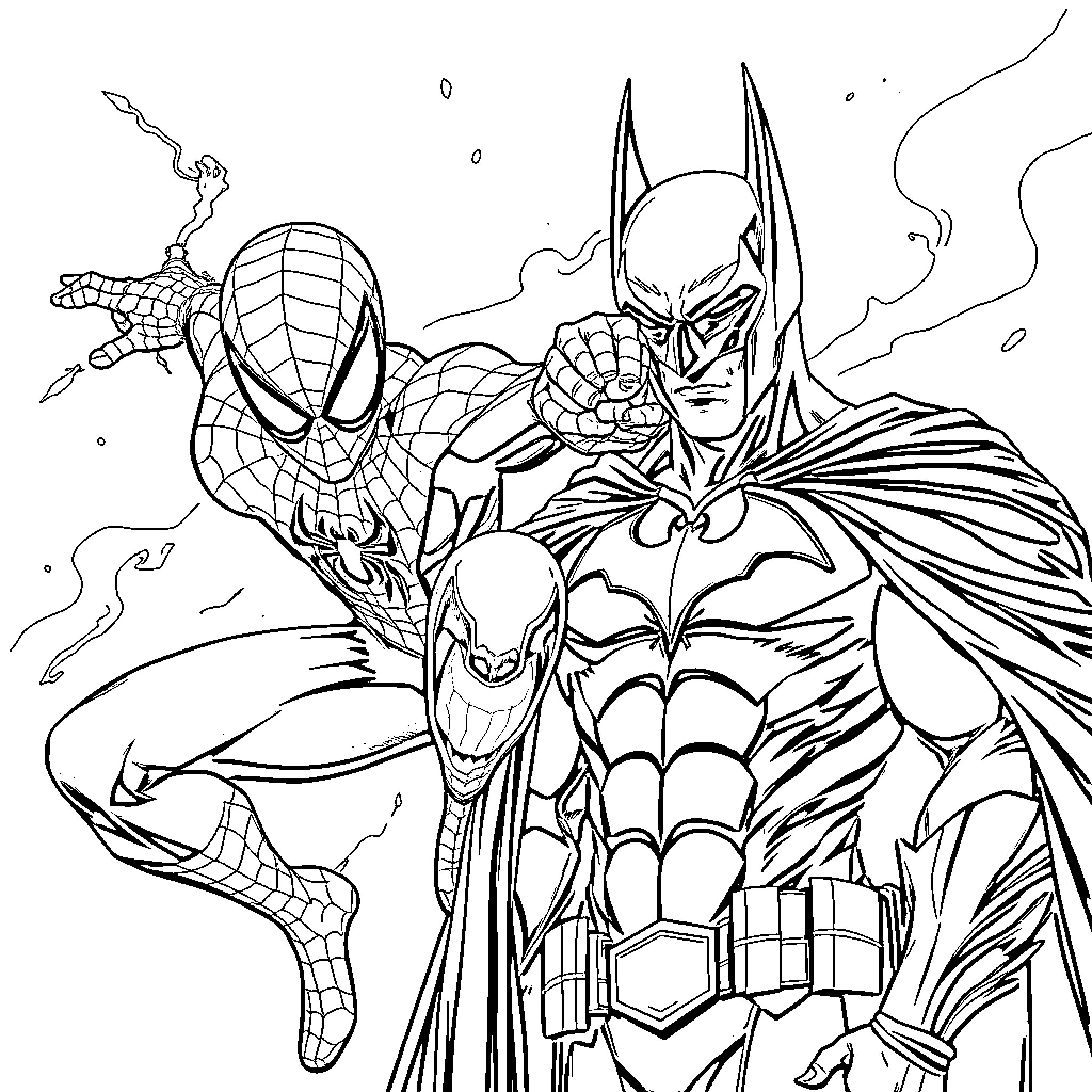 Spider-Man battling alongside Batman in heroic action Coloring Page (free black-and-white line drawing printable PDF for all, from beginners to advanced learners, including children, teens, adults, and seniors)