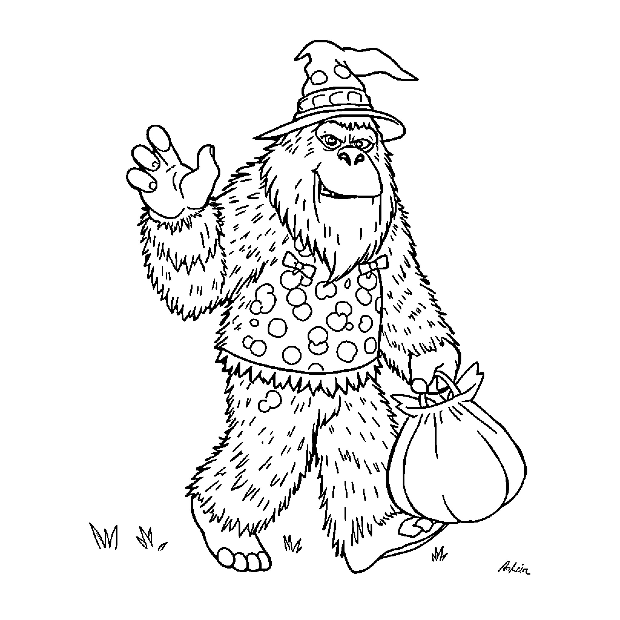Bigfoot waving and carrying a bag of gifts Coloring Page (free black-and-white line drawing printable PDF for all, from beginners to advanced learners, including children, teens, adults, and seniors)
