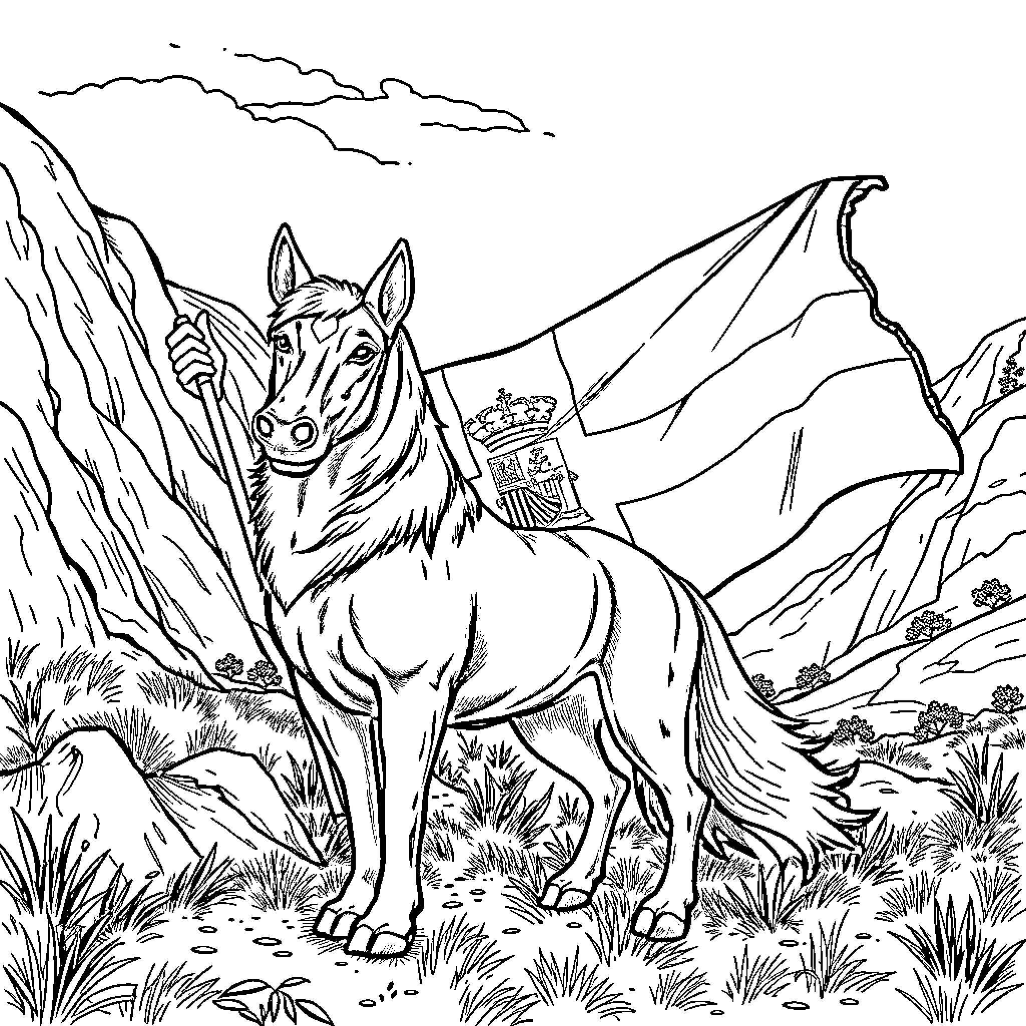 Huntrix Wolf Warrior in Mountainous Terrain Coloring Page (free black-and-white line drawing printable PDF for all, from beginners to advanced learners, including children, teens, adults, and seniors)