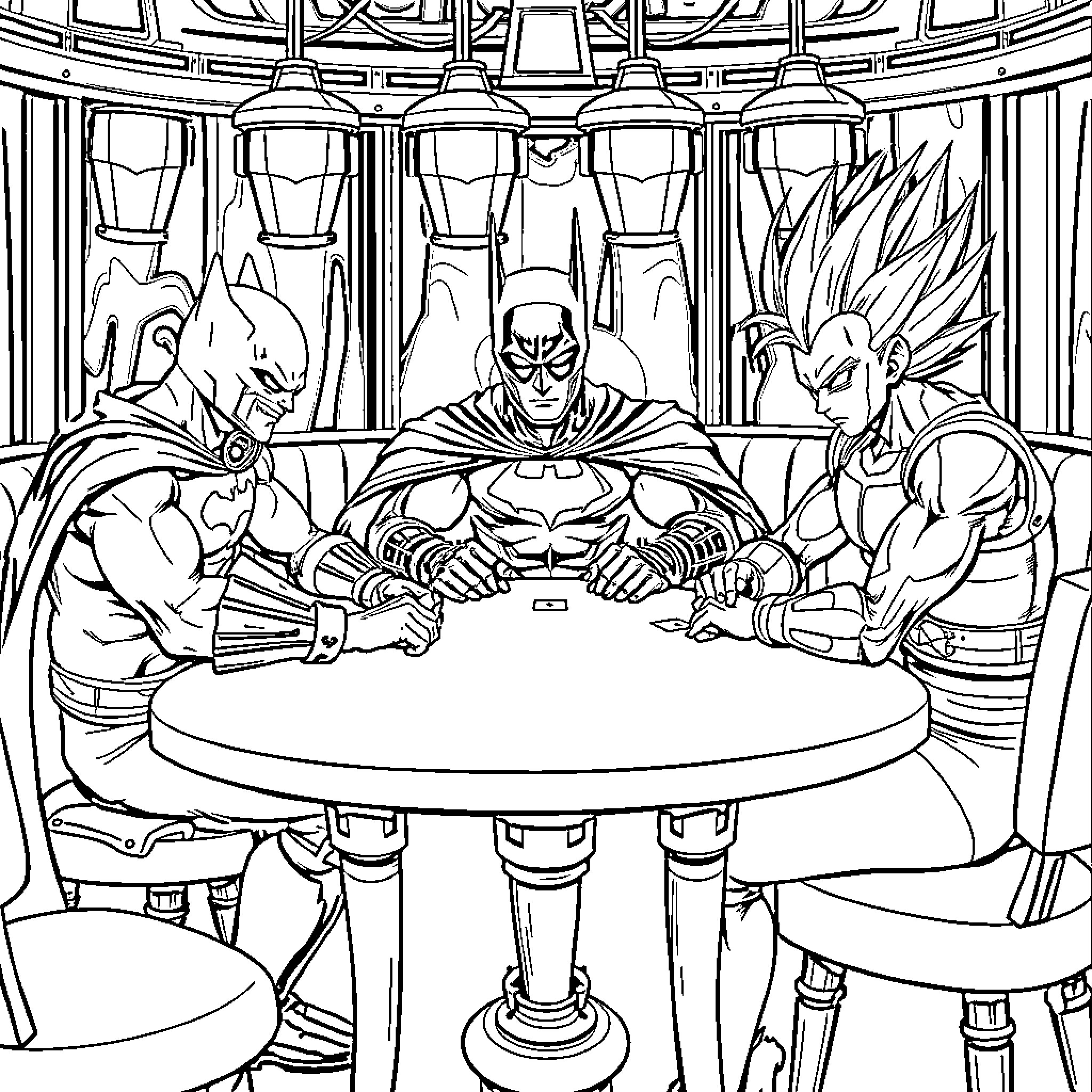 Doma's Superheroes Gather for a Meeting Coloring Page (free black-and-white line drawing printable PDF for all, from beginners to advanced learners, including children, teens, adults, and seniors)