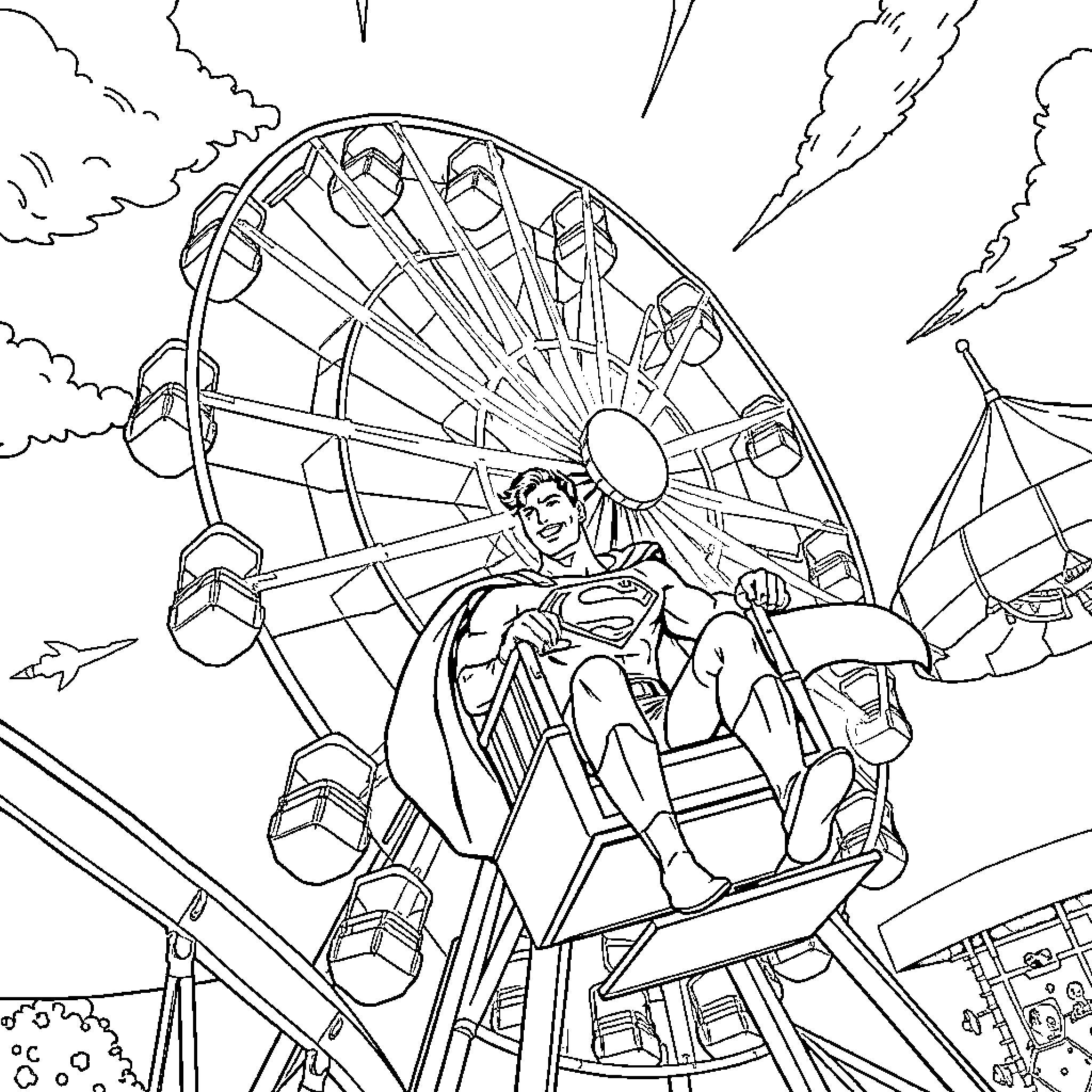 Superman riding a Ferris wheel at an amusement park Coloring Page (free black-and-white line drawing printable PDF for all, from beginners to advanced learners, including children, teens, adults, and seniors)
