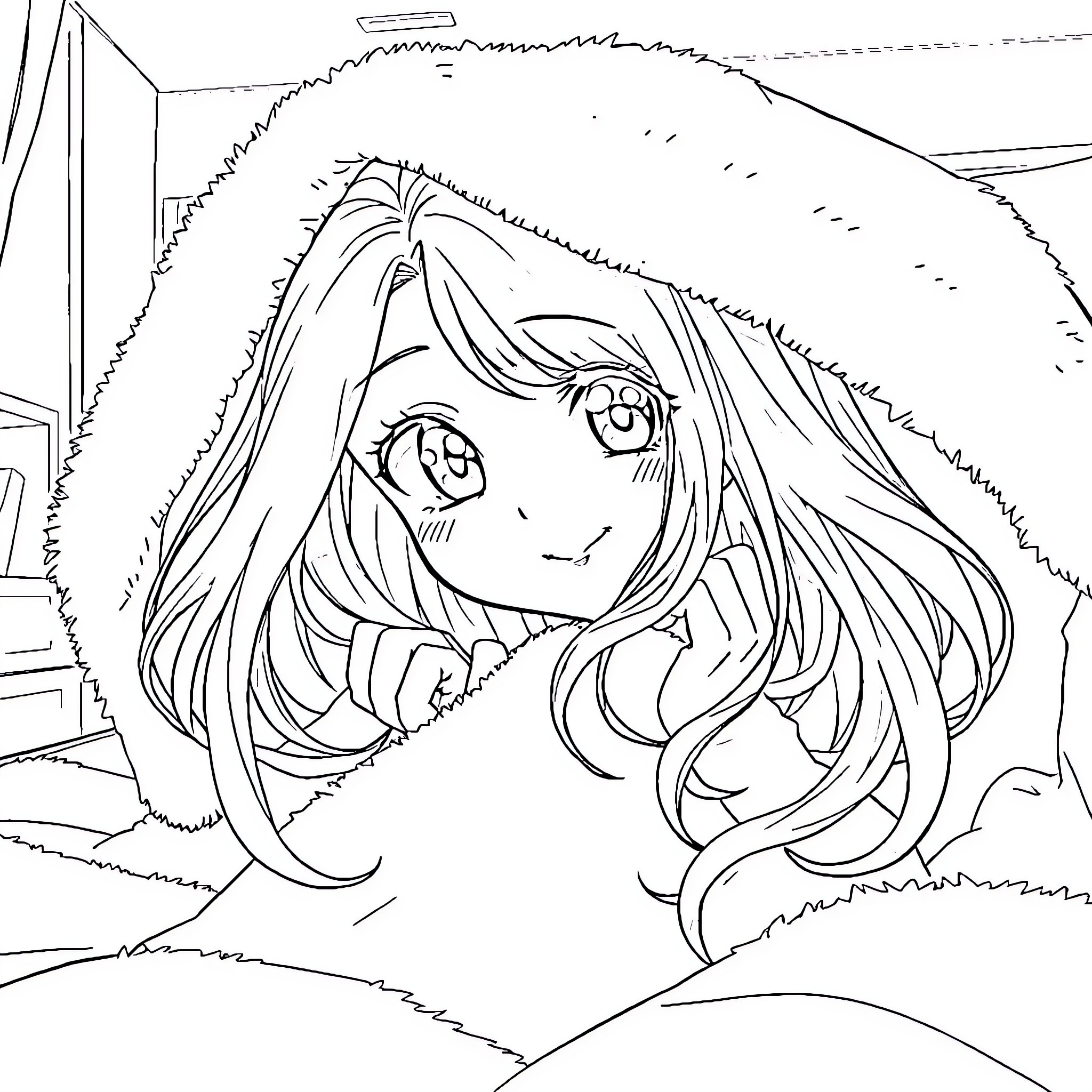 Woman with long, flowing hair in a contemplative pose Coloring Page (free black-and-white line drawing printable PDF for all, from beginners to advanced learners, including children, teens, adults, and seniors)