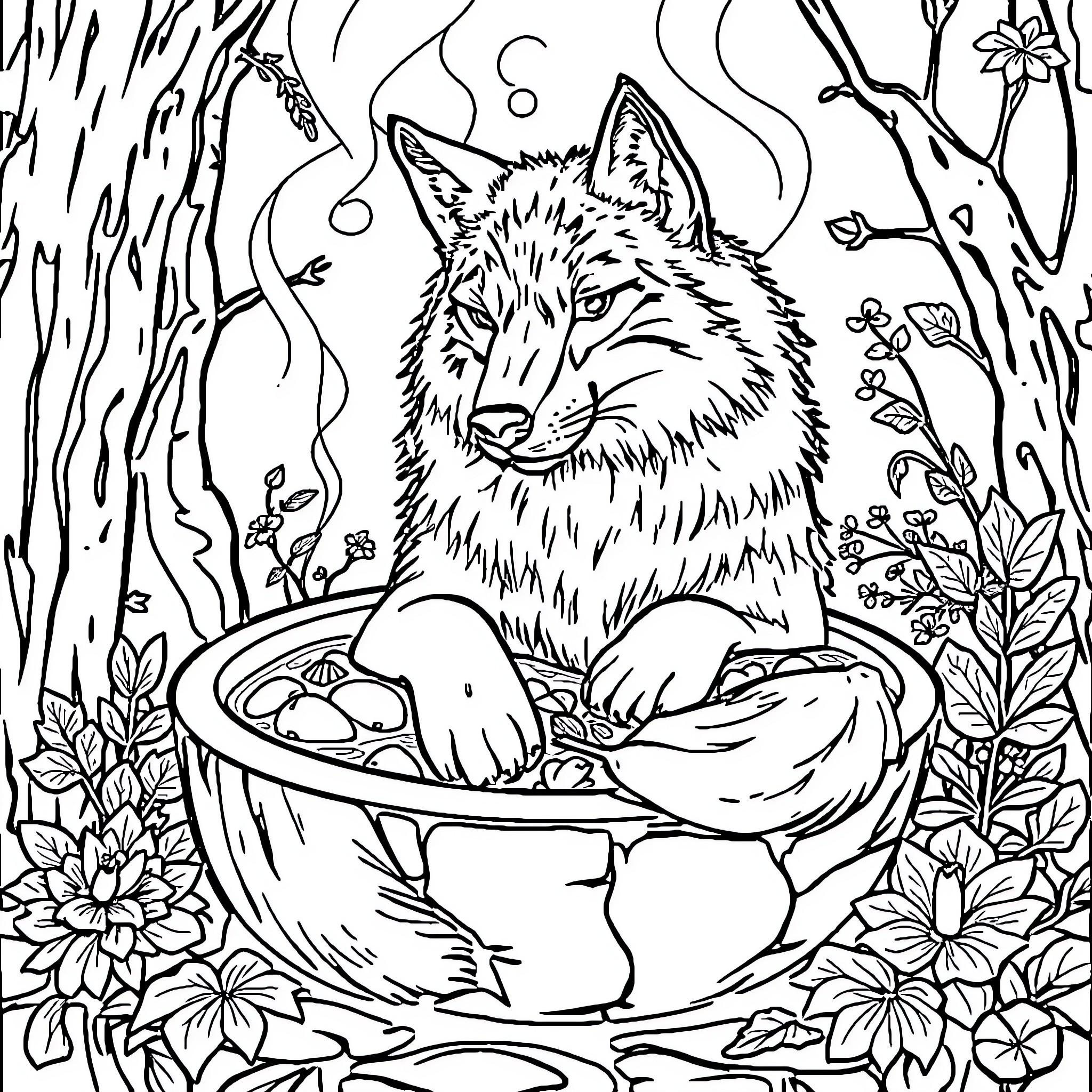 Wolf resting peacefully in a natural setting Coloring Page (free black-and-white line drawing printable PDF for all, from beginners to advanced learners, including children, teens, adults, and seniors)
