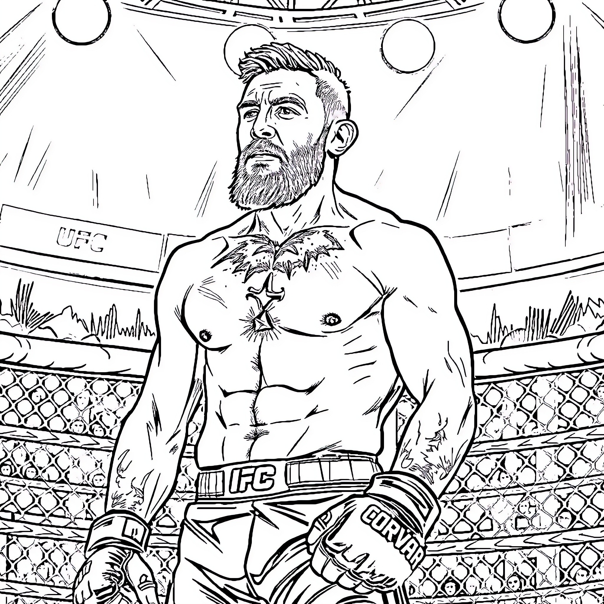 Connor McGregor standing confidently in UFC fighting ring Coloring Page (free black-and-white line drawing printable PDF for all, from beginners to advanced learners, including children, teens, adults, and seniors)