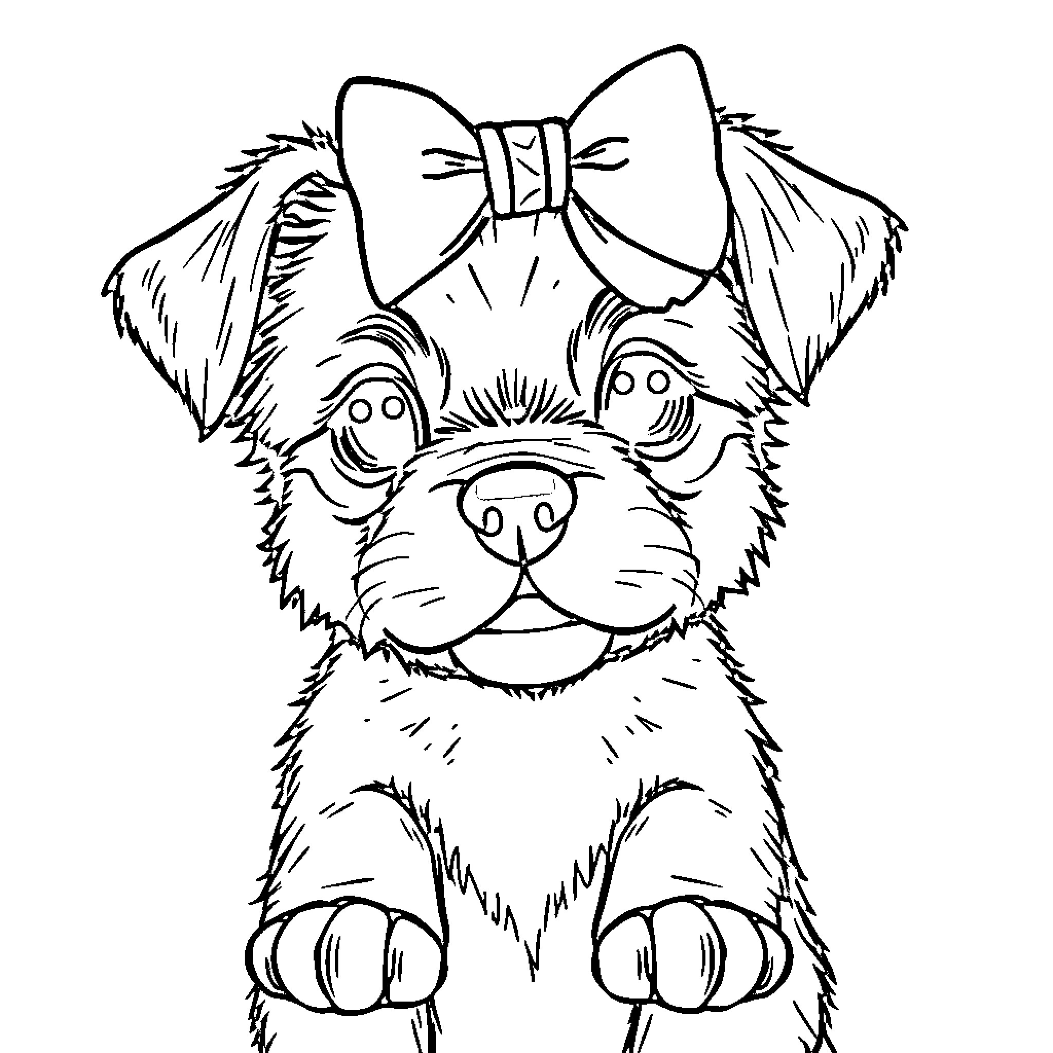 Puppy wearing a cute bow on its head Coloring Page (free black-and-white line drawing printable PDF for all, from beginners to advanced learners, including children, teens, adults, and seniors)