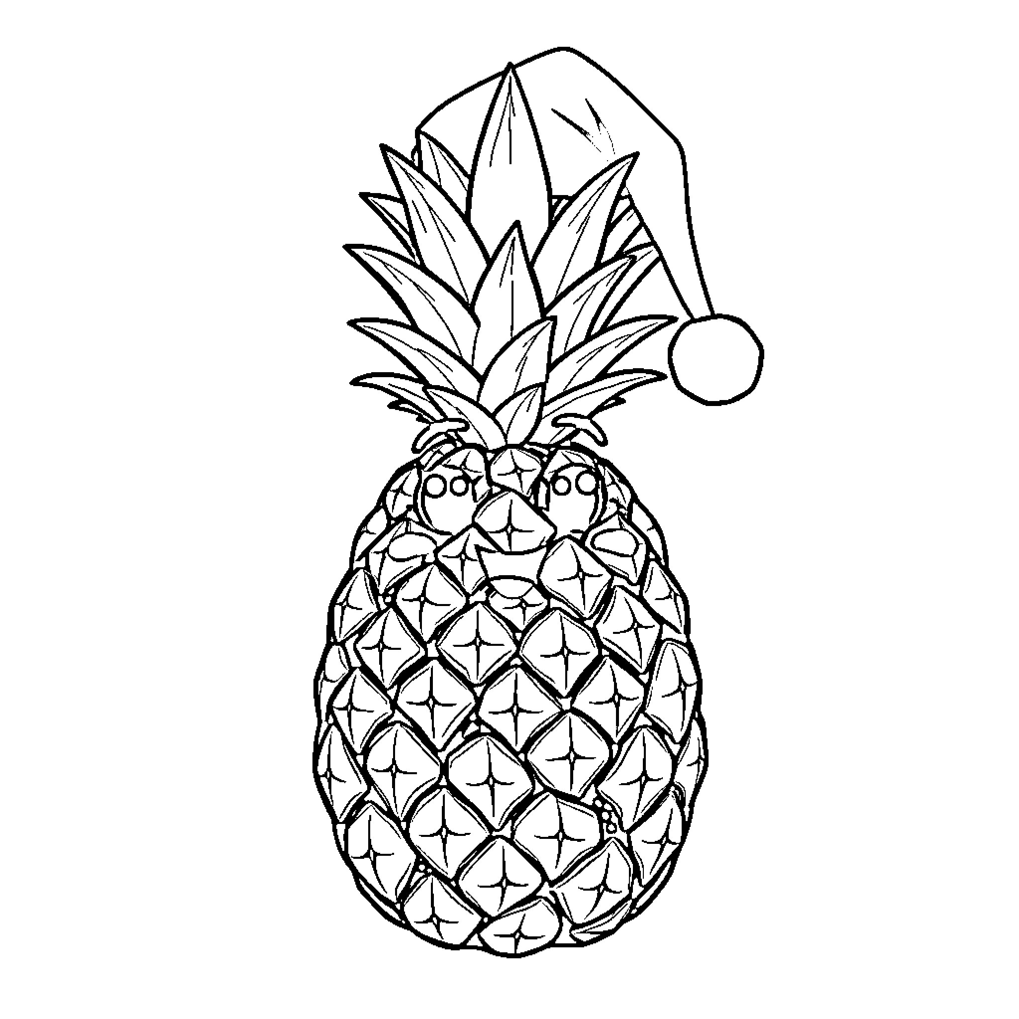 Pineapple wearing a Santa hat Coloring Page (free black-and-white line drawing printable PDF for all, from beginners to advanced learners, including children, teens, adults, and seniors)