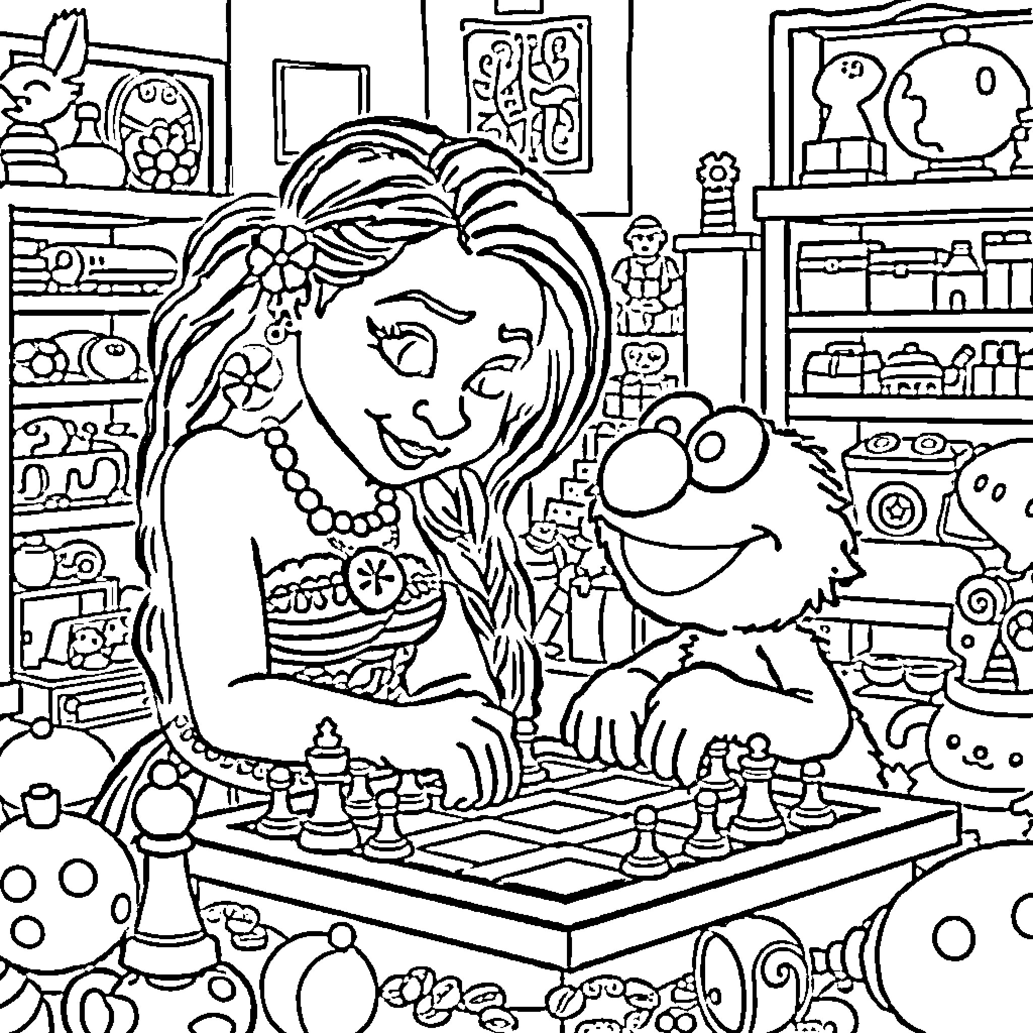Moana playing chess with a friend in her room Coloring Page (free black-and-white line drawing printable PDF for all, from beginners to advanced learners, including children, teens, adults, and seniors)