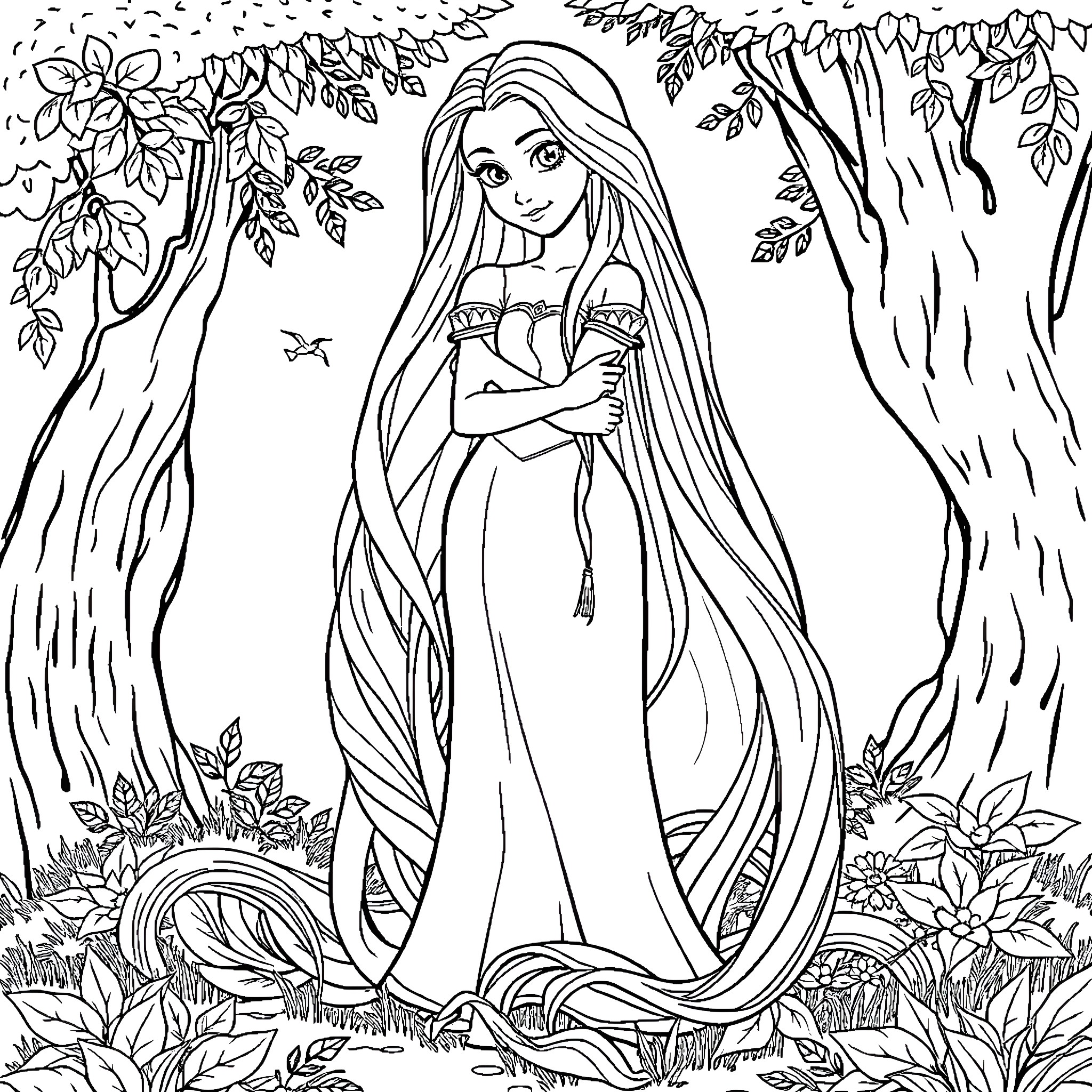Rapunzel exploring the enchanted forest Coloring Page (free black-and-white line drawing printable PDF for all, from beginners to advanced learners, including children, teens, adults, and seniors)