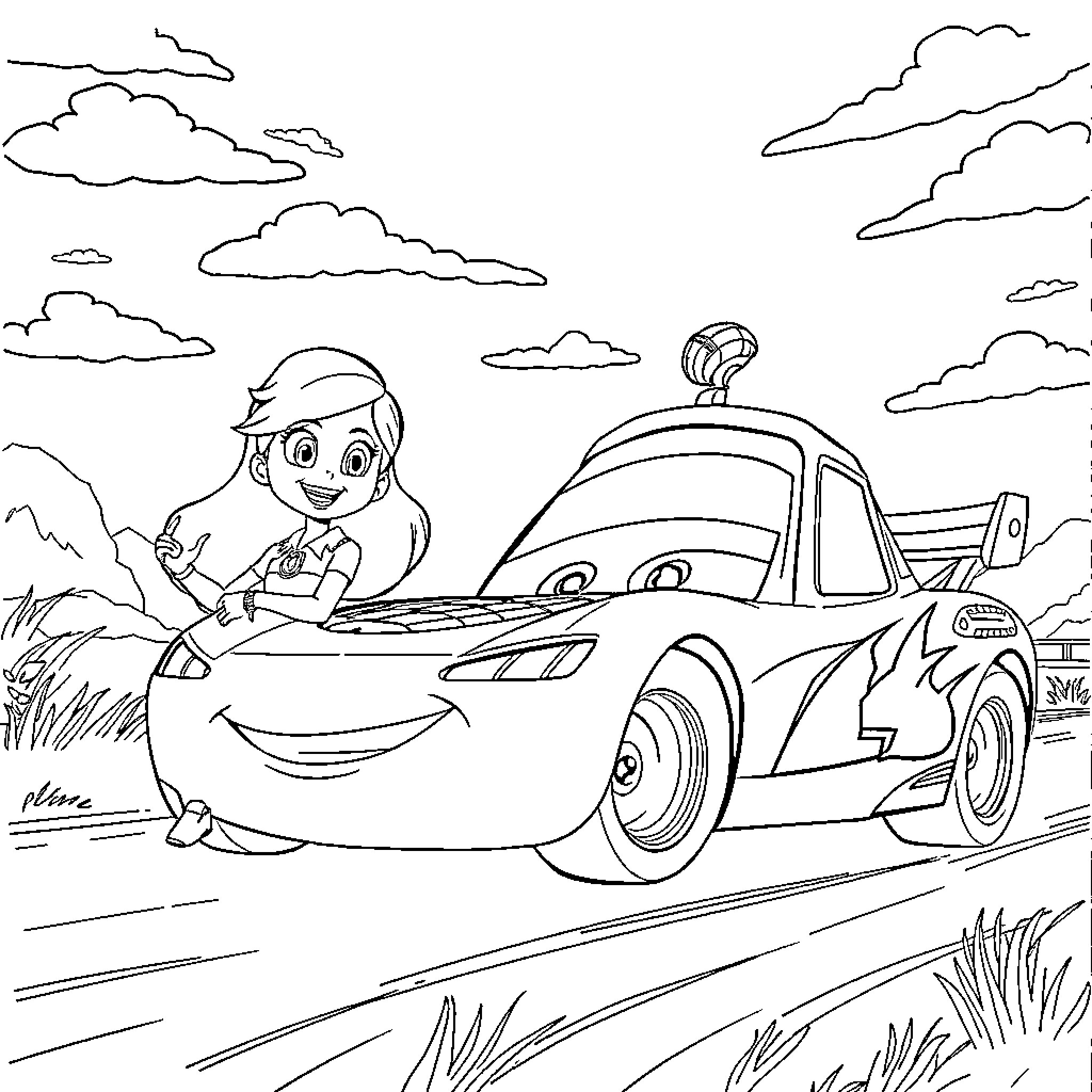 Paw Patrol character driving a toy car on the road Coloring Page (free black-and-white line drawing printable PDF for all, from beginners to advanced learners, including children, teens, adults, and seniors)