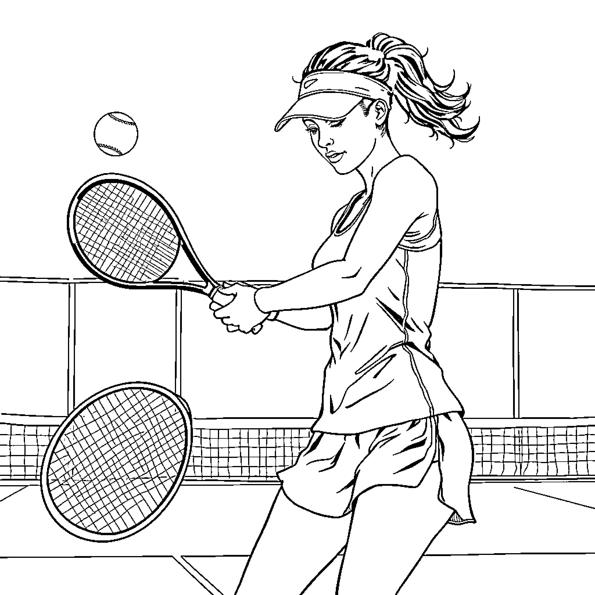 Woman playing tennis on the court Coloring Page (free black-and-white line drawing printable PDF for all, from beginners to advanced learners, including children, teens, adults, and seniors)