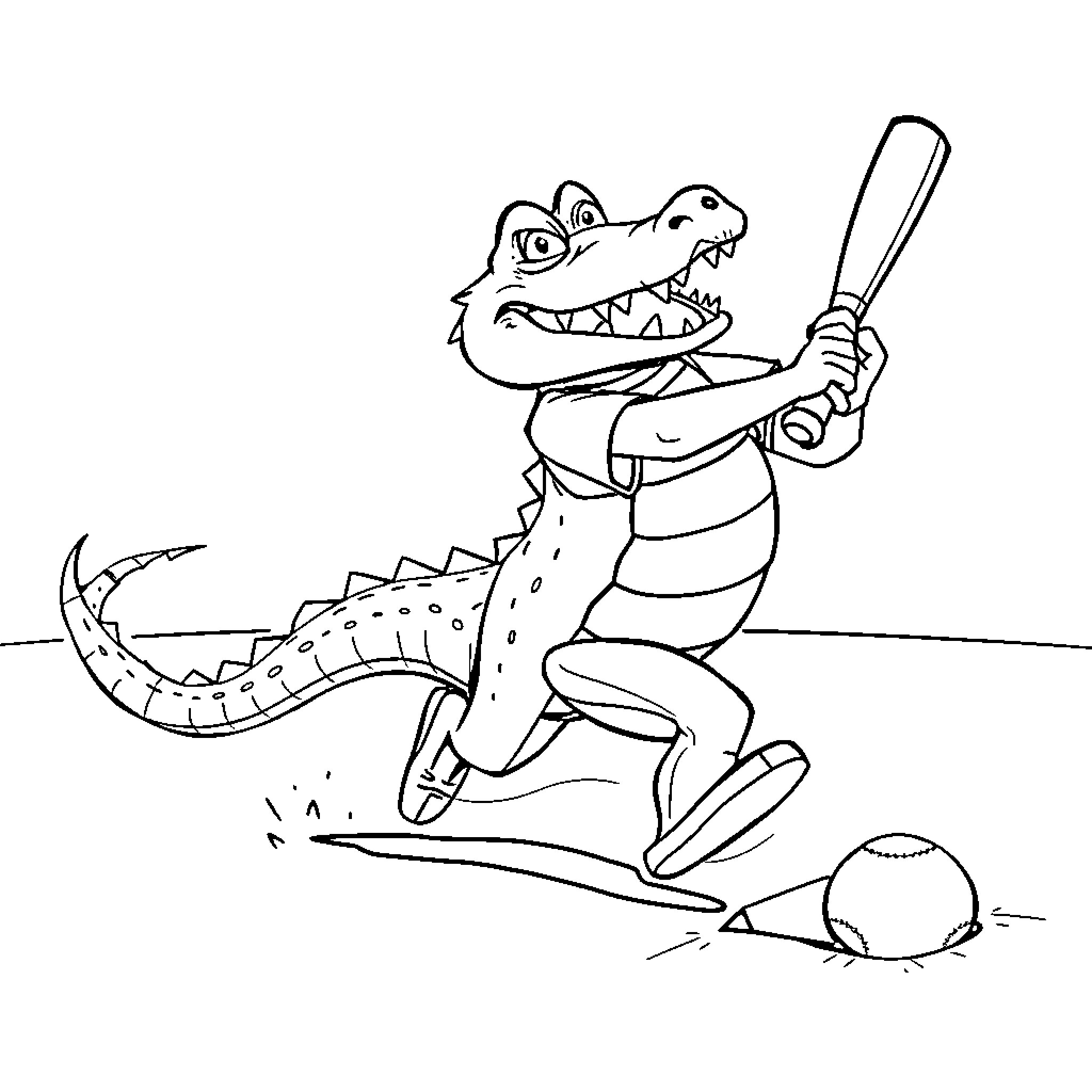 Alligator playing baseball with excitement Coloring Page (free black-and-white line drawing printable PDF for all, from beginners to advanced learners, including children, teens, adults, and seniors)