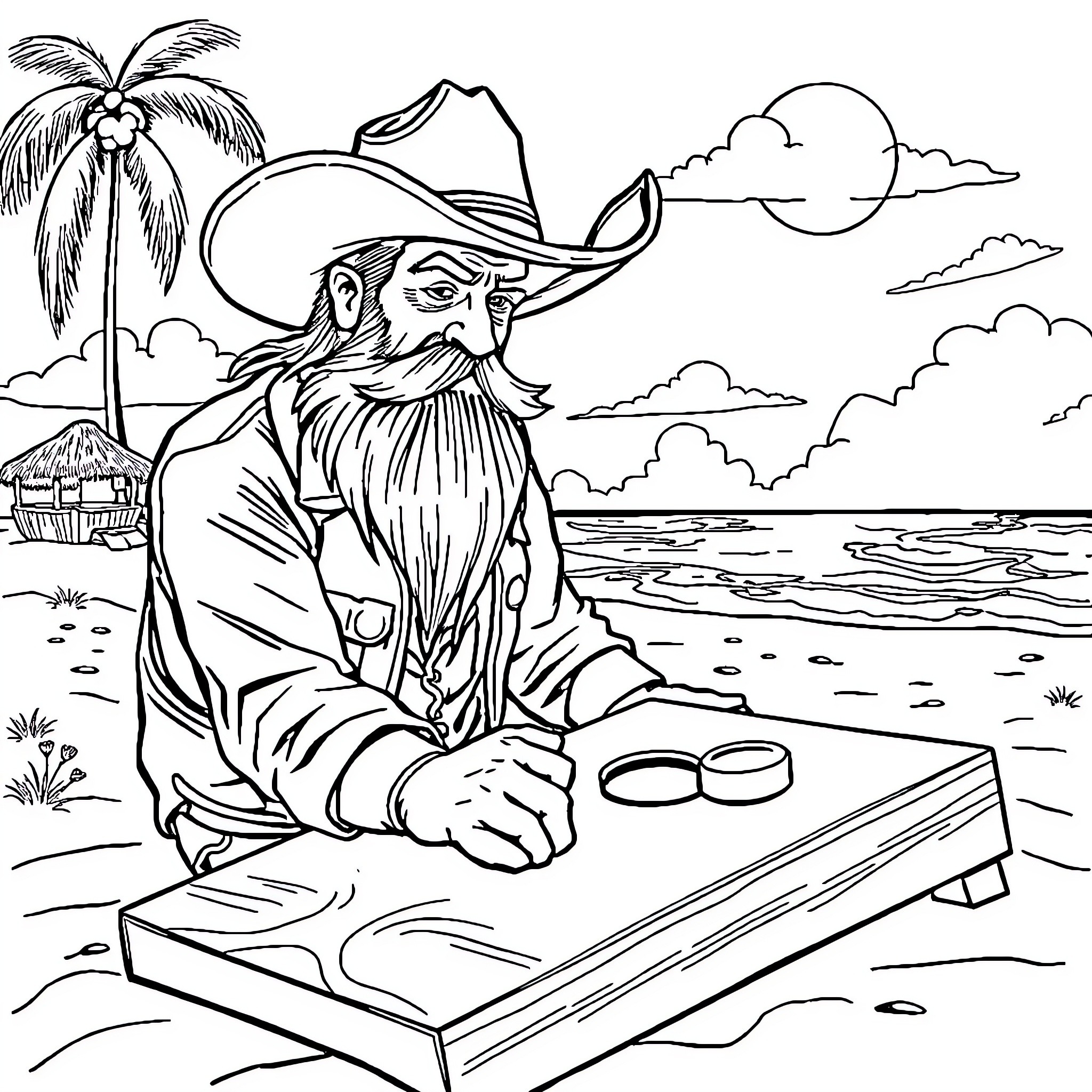 Cowboy relaxing on the beach with a book Coloring Page (free black-and-white line drawing printable PDF for all, from beginners to advanced learners, including children, teens, adults, and seniors)