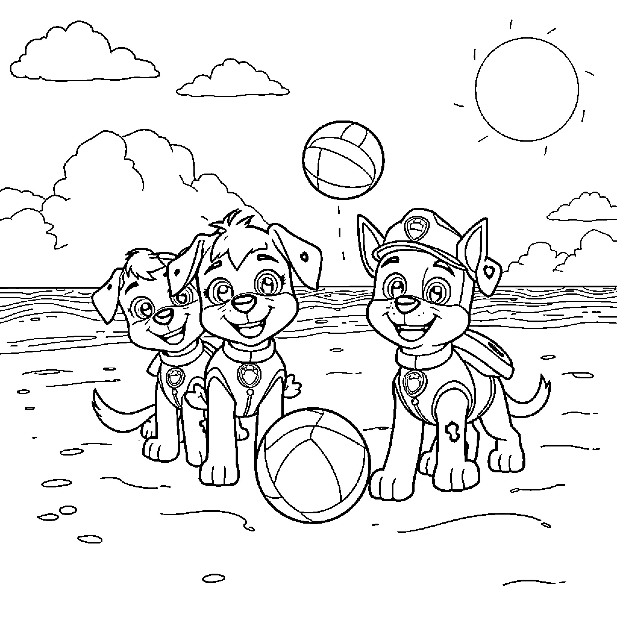Pawpatrol Pups Playing on the Beach Coloring Page (free black-and-white line drawing printable PDF for all, from beginners to advanced learners, including children, teens, adults, and seniors)