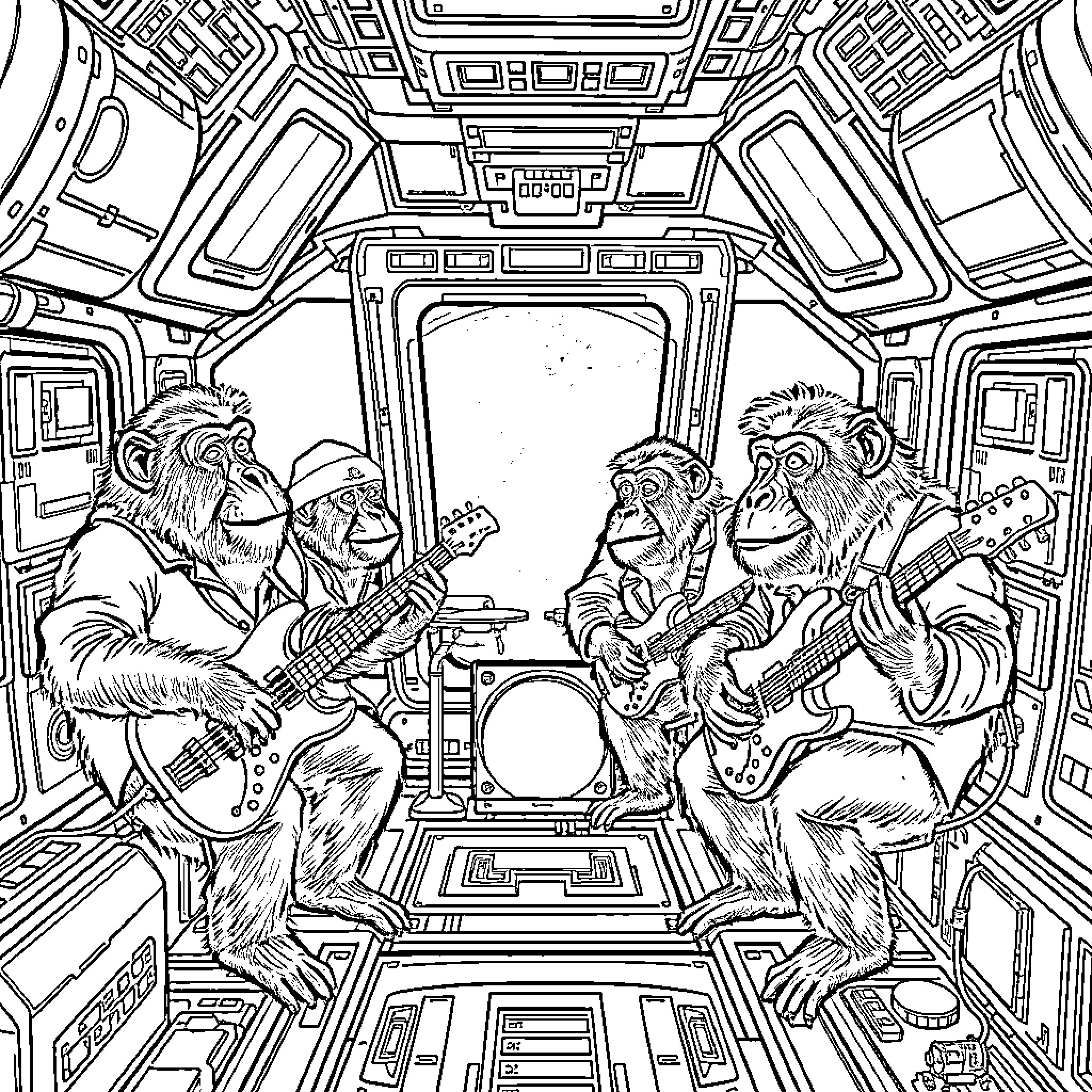 Baboon band playing music in futuristic spaceship Coloring Page (free black-and-white line drawing printable PDF for all, from beginners to advanced learners, including children, teens, adults, and seniors)