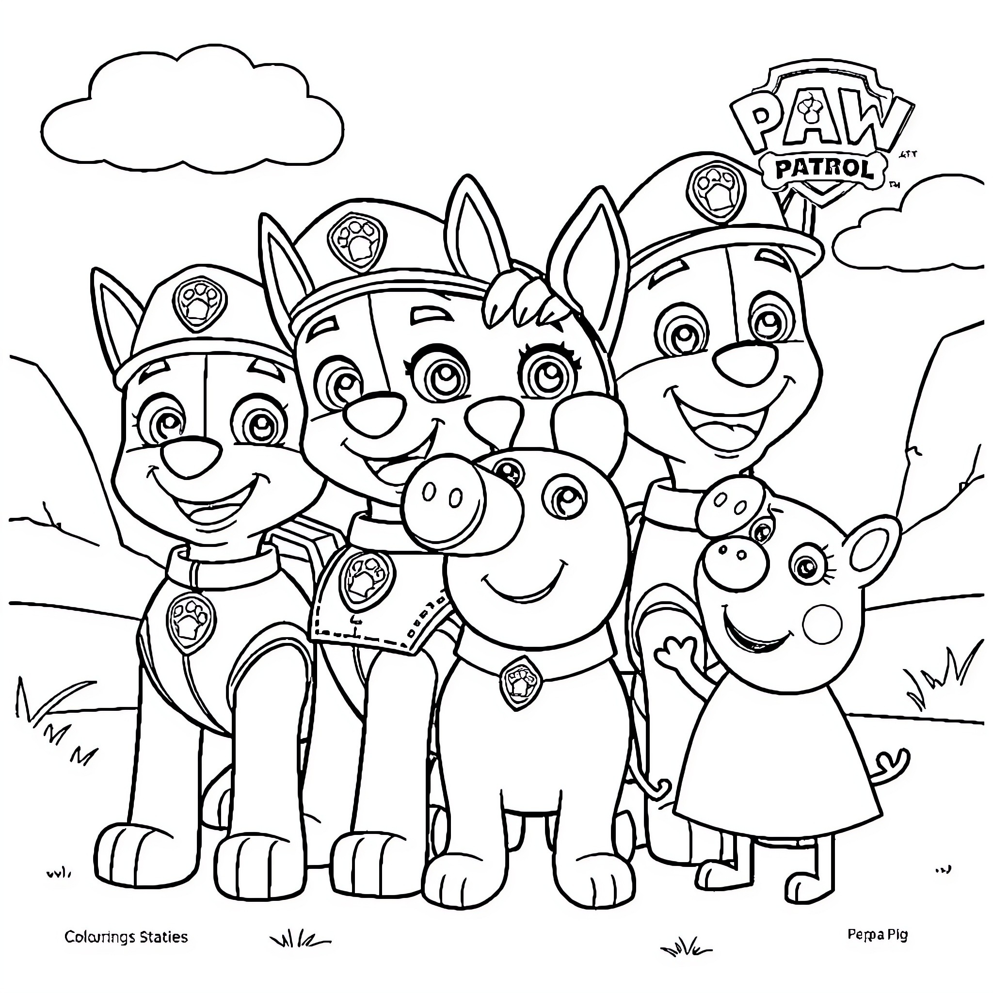 Paw Patrol team members in action poses Coloring Page (free black-and-white line drawing printable PDF for all, from beginners to advanced learners, including children, teens, adults, and seniors)