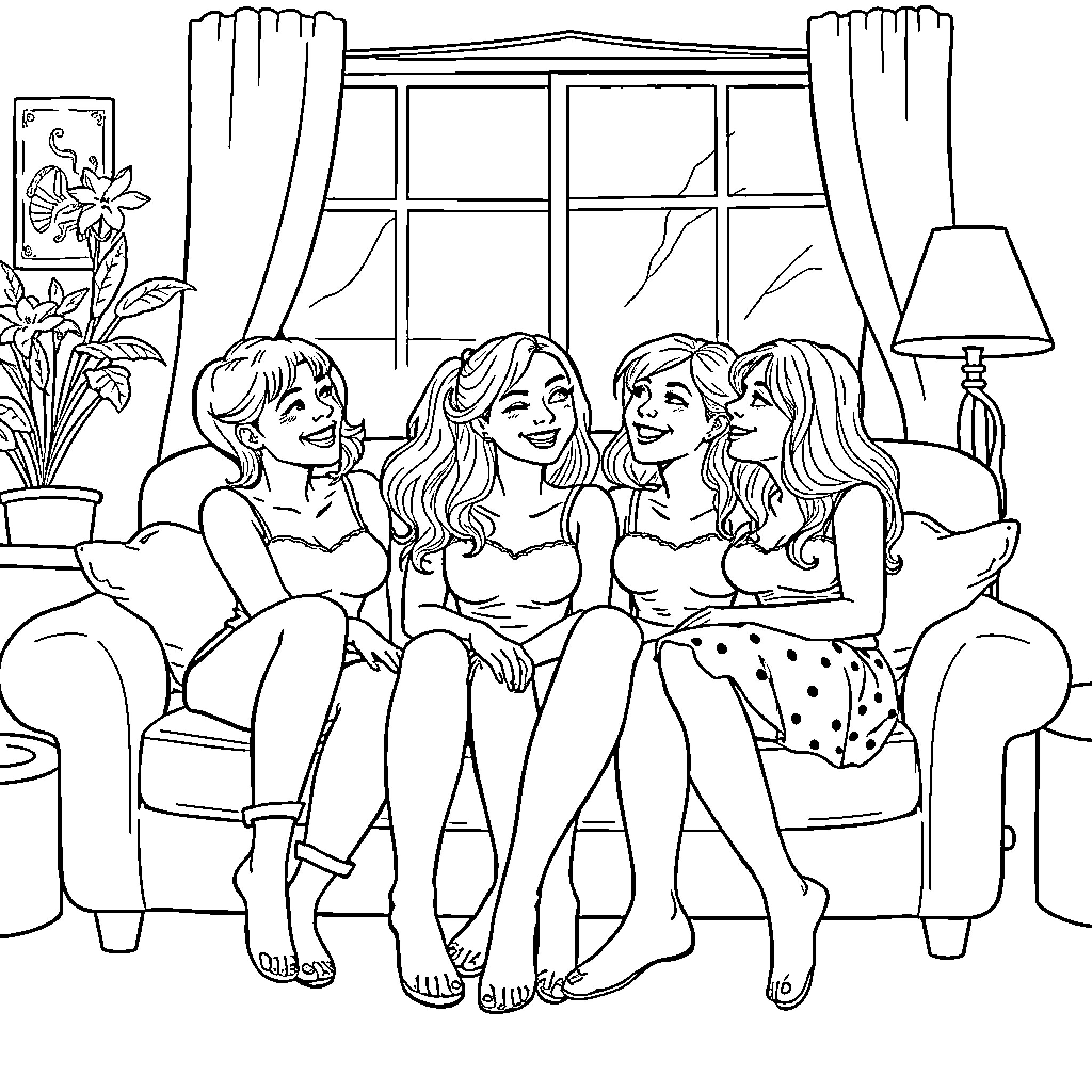 Huntrix Girls Enjoying Casual Gathering Together Coloring Page (free black-and-white line drawing printable PDF for all, from beginners to advanced learners, including children, teens, adults, and seniors)