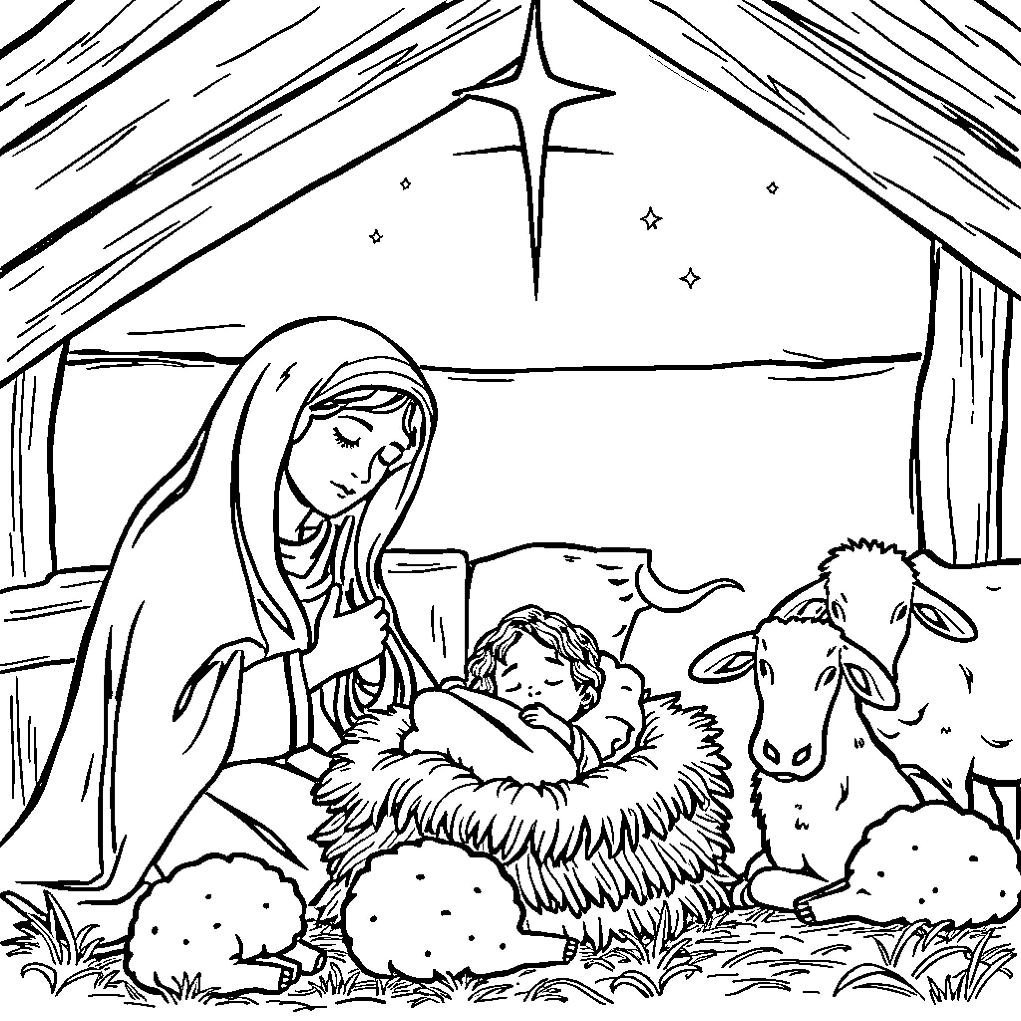 Nativity scene with Mary, baby Jesus, and farm animals Coloring Page (free black-and-white line drawing printable PDF for all, from beginners to advanced learners, including children, teens, adults, and seniors)