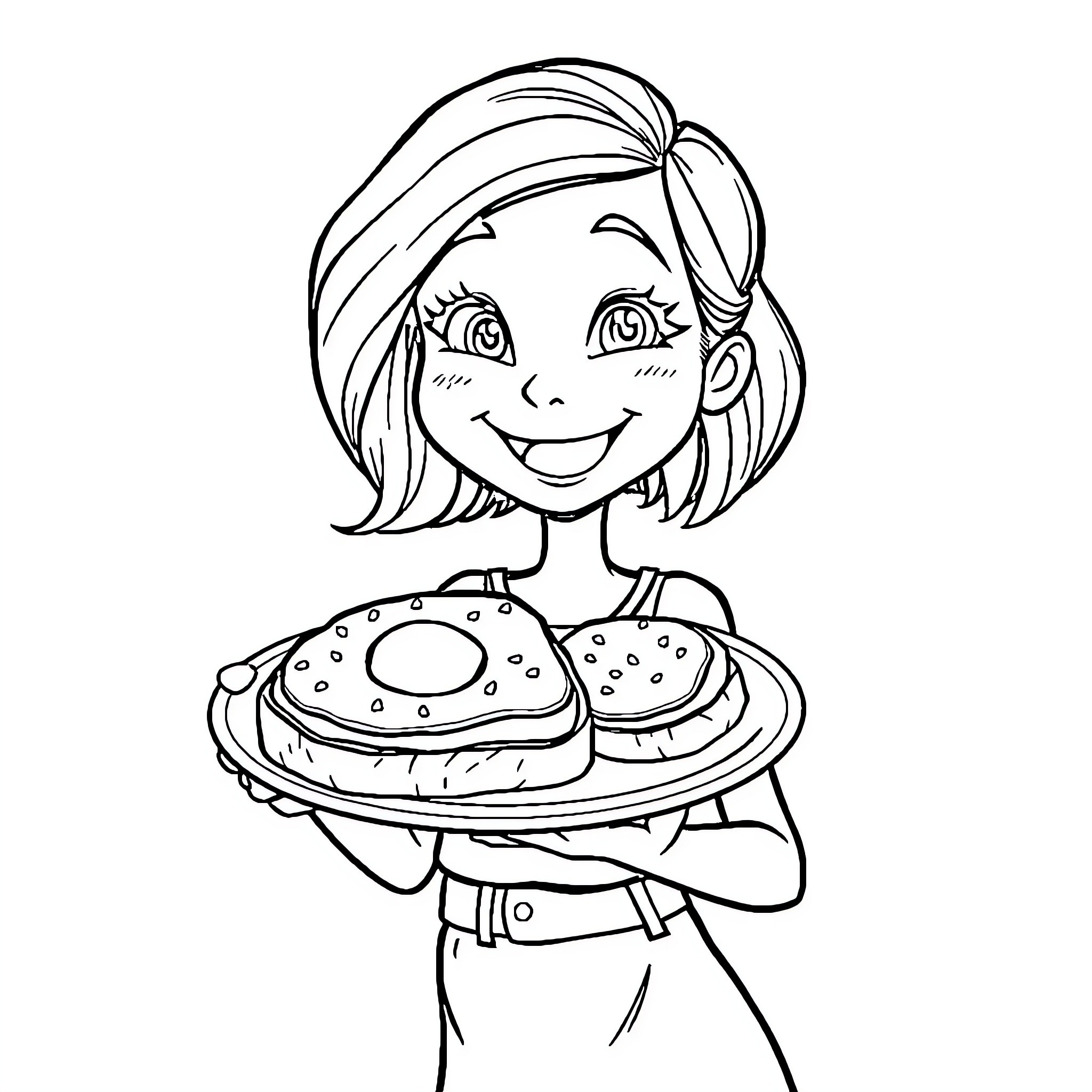 Avocado girl serving delicious sandwiches Coloring Page (free black-and-white line drawing printable PDF for all, from beginners to advanced learners, including children, teens, adults, and seniors)