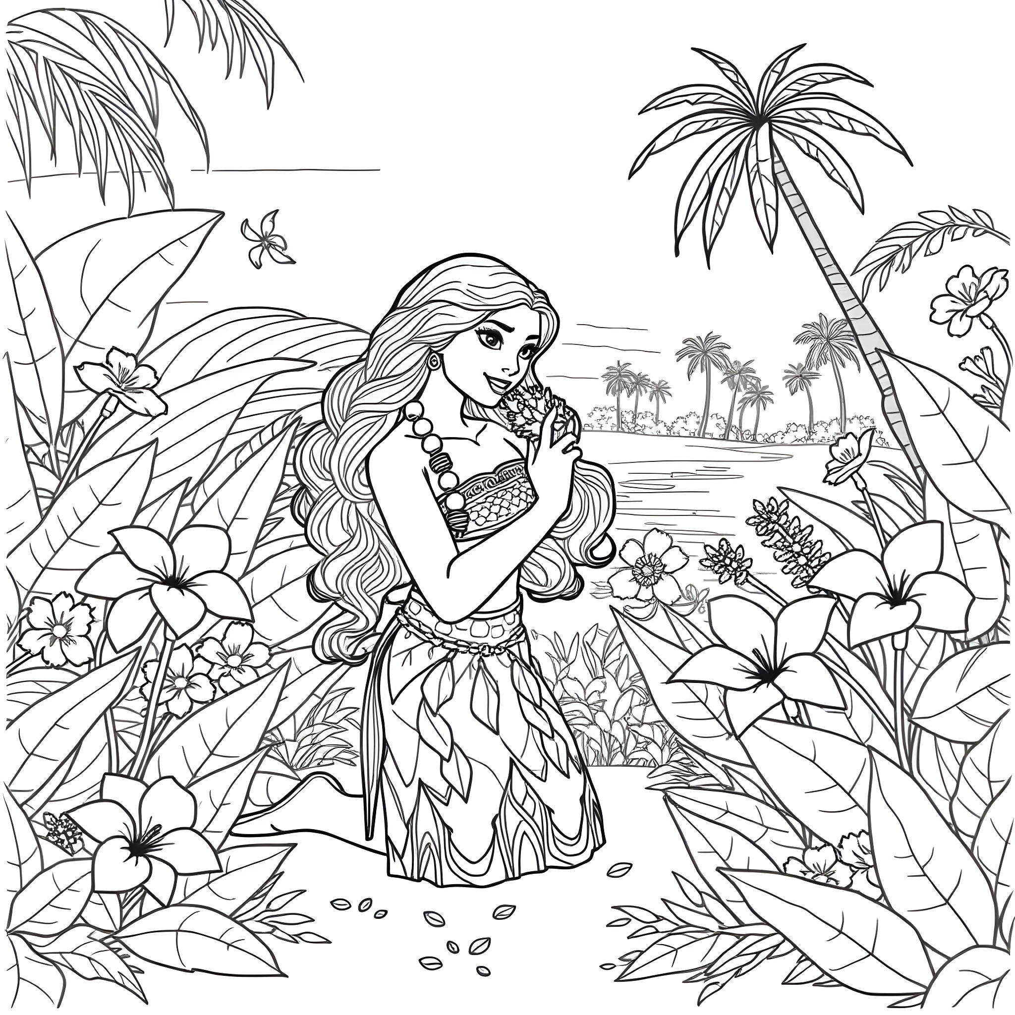 Moana exploring the tropical island paradise Coloring Page (free black-and-white line drawing printable PDF for all, from beginners to advanced learners, including children, teens, adults, and seniors)