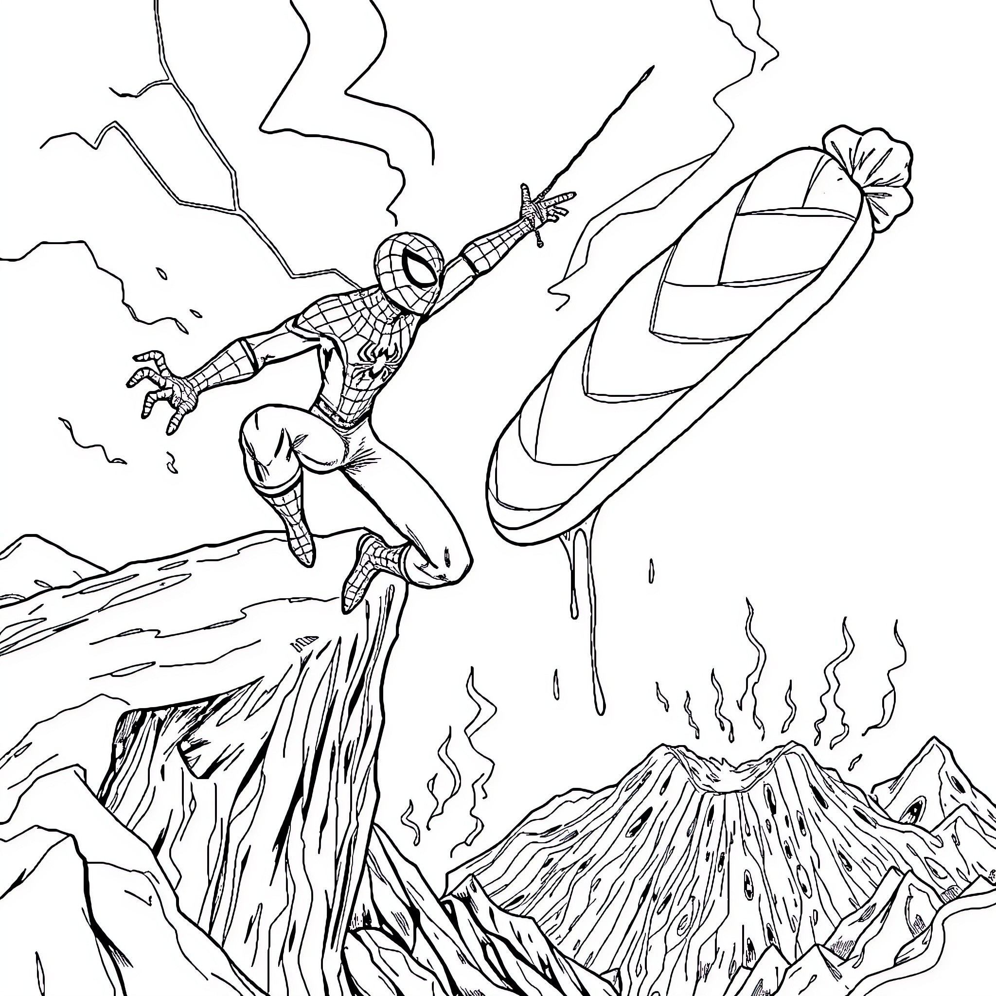 Spider-Man swinging through a fiery, mountainous landscape Coloring Page (free black-and-white line drawing printable PDF for all, from beginners to advanced learners, including children, teens, adults, and seniors)
