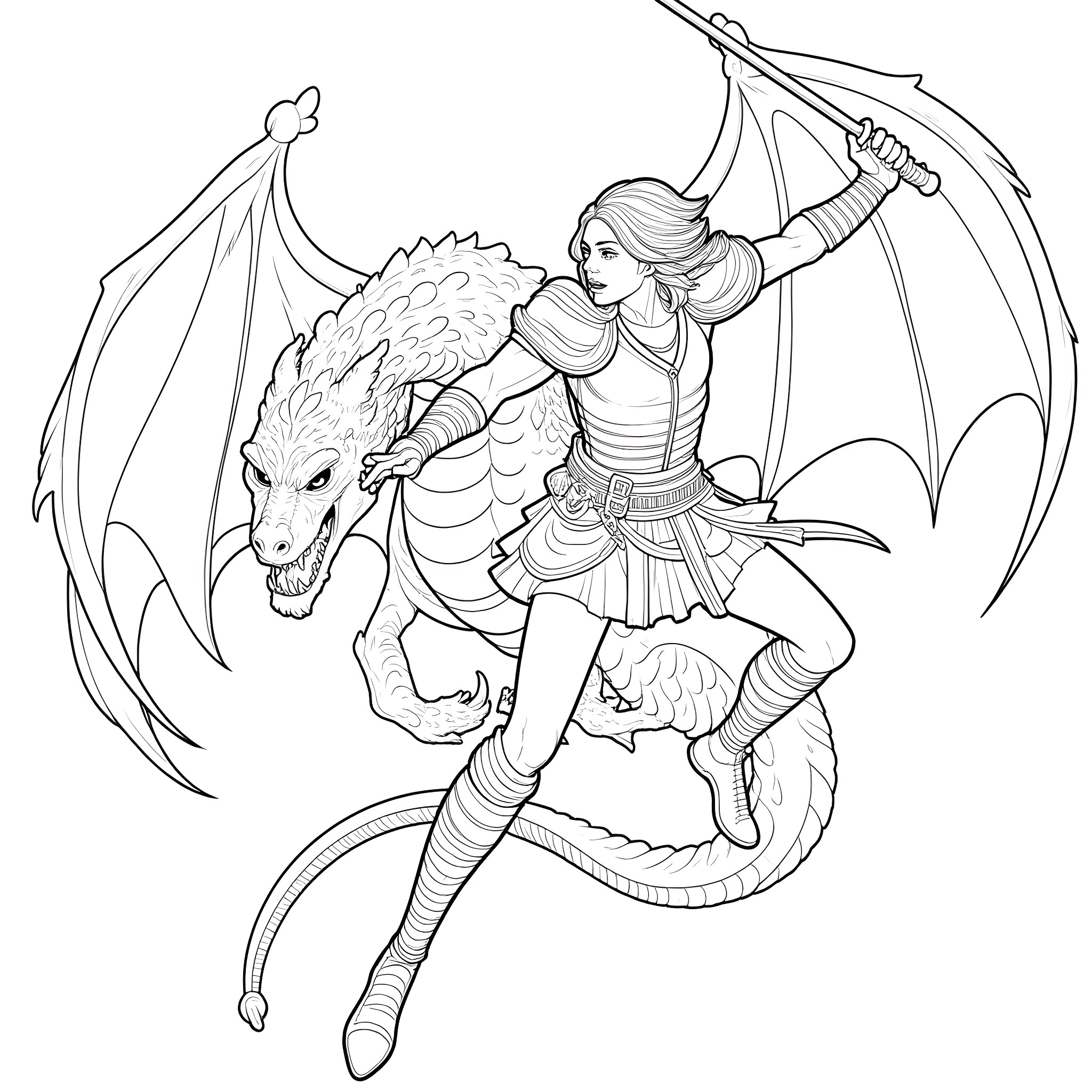 Fighter riding a dragon in combat Coloring Page (free black-and-white line drawing printable PDF for all, from beginners to advanced learners, including children, teens, adults, and seniors)