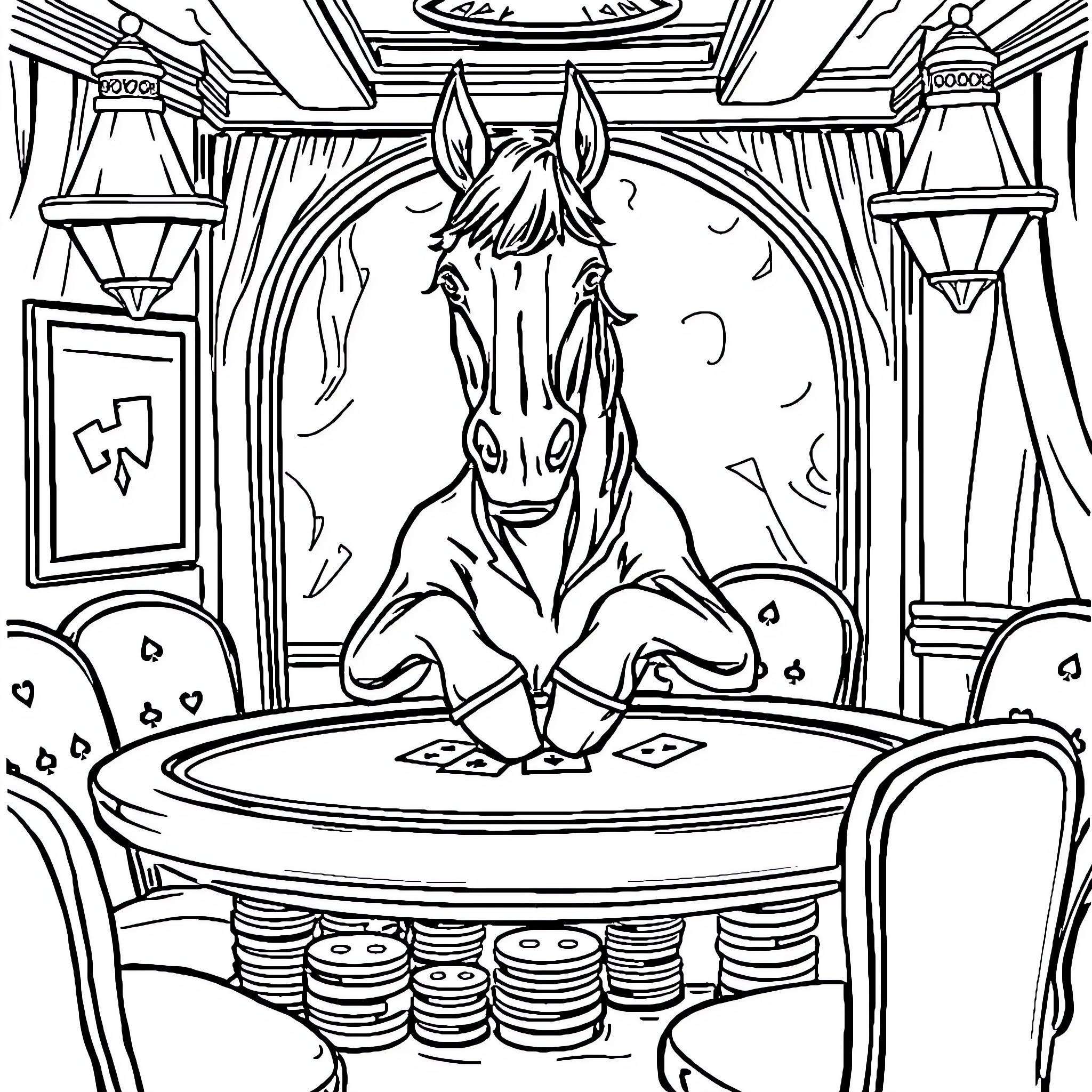 Horse performing magic tricks on stage Coloring Page (free black-and-white line drawing printable PDF for all, from beginners to advanced learners, including children, teens, adults, and seniors)