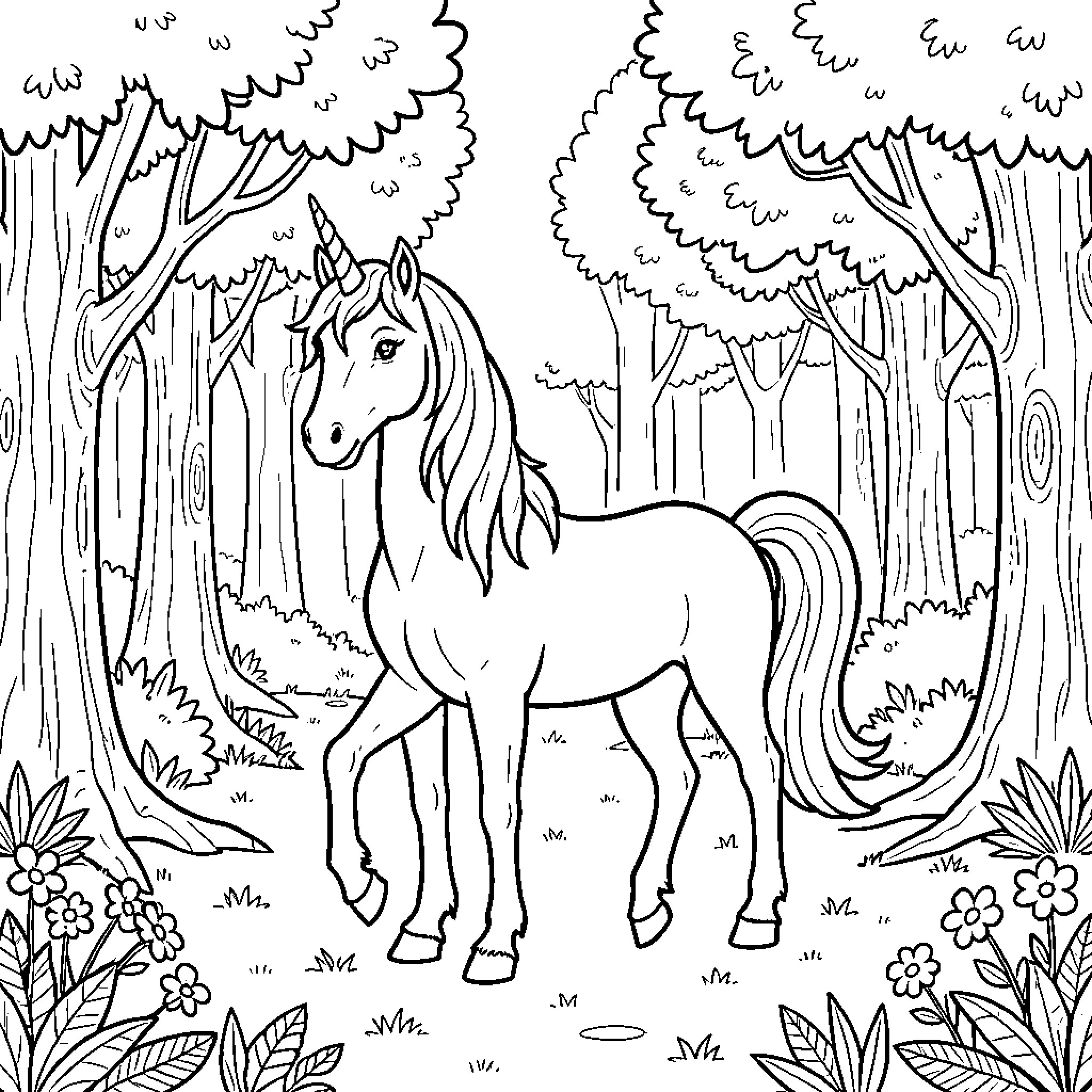 Unicorn standing gracefully in a lush forest Coloring Page (free black-and-white line drawing printable PDF for all, from beginners to advanced learners, including children, teens, adults, and seniors)