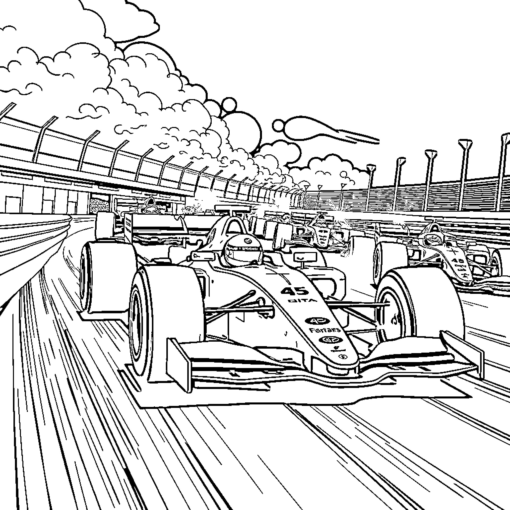 Formula One Racing Cars on the Circuit Track Coloring Page (free black-and-white line drawing printable PDF for all, from beginners to advanced learners, including children, teens, adults, and seniors)