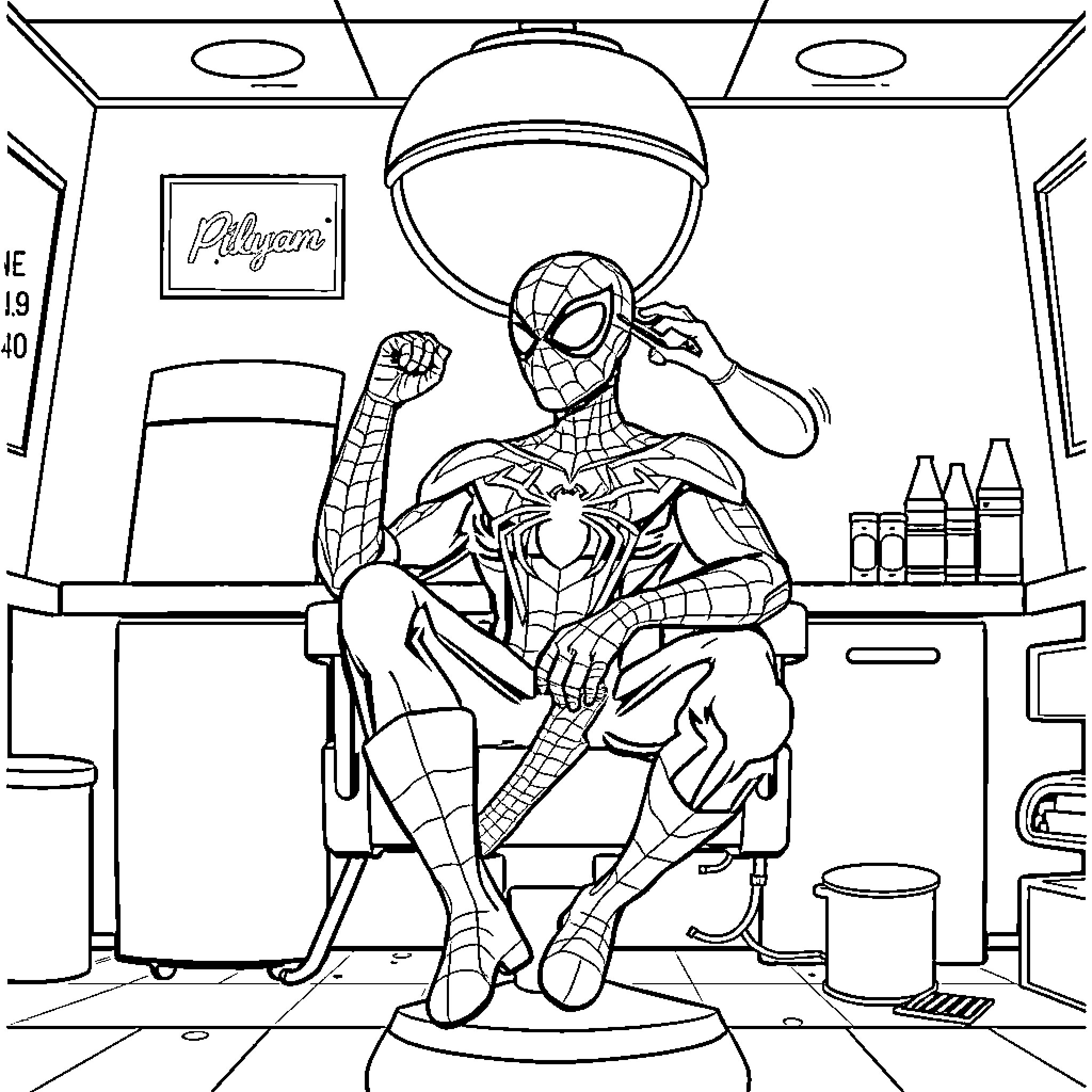 Spiderman in the Laboratory Coloring Page (free black-and-white line drawing printable PDF for all, from beginners to advanced learners, including children, teens, adults, and seniors)