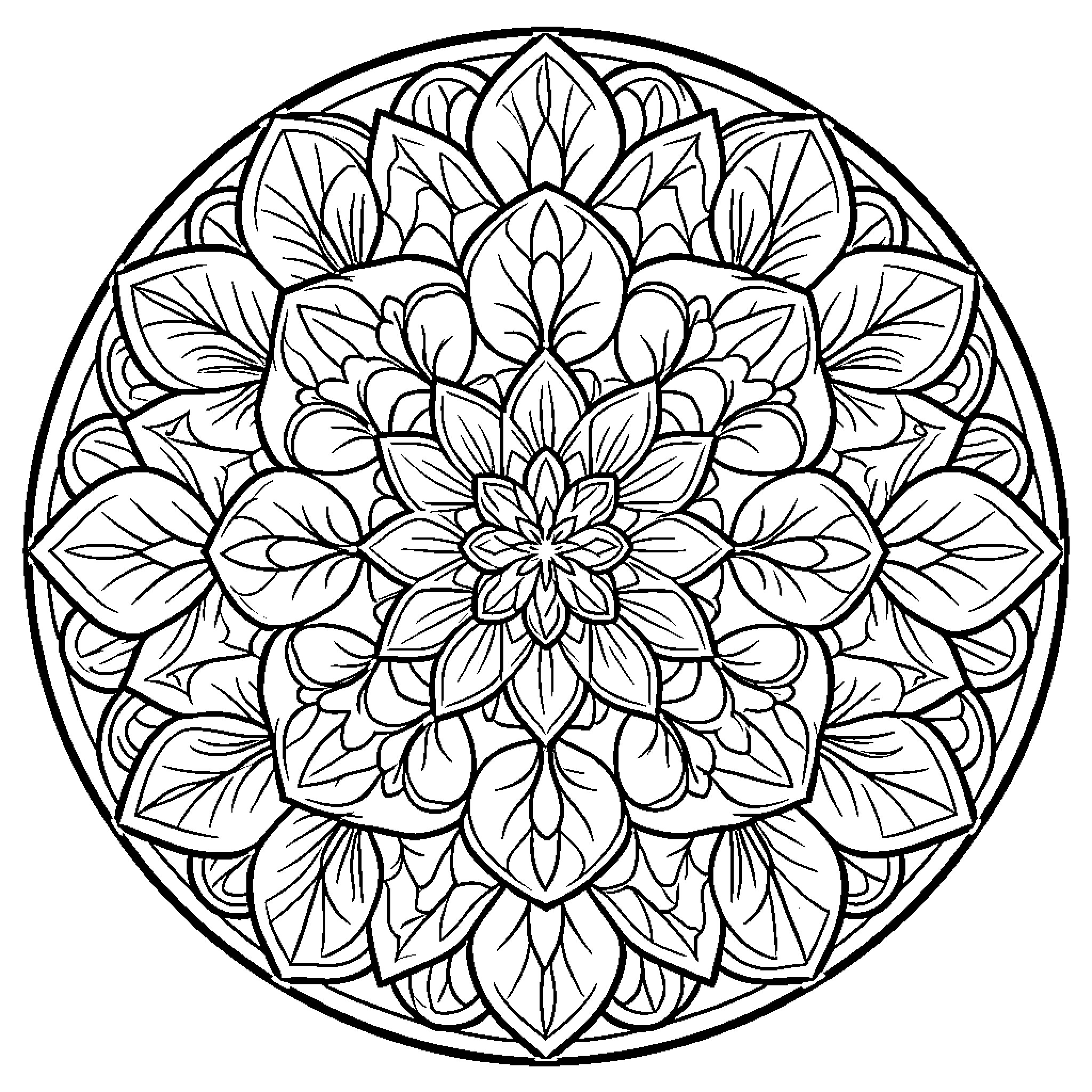 Mandala of intricate floral patterns Coloring Page (free black-and-white line drawing printable PDF for all, from beginners to advanced learners, including children, teens, adults, and seniors)