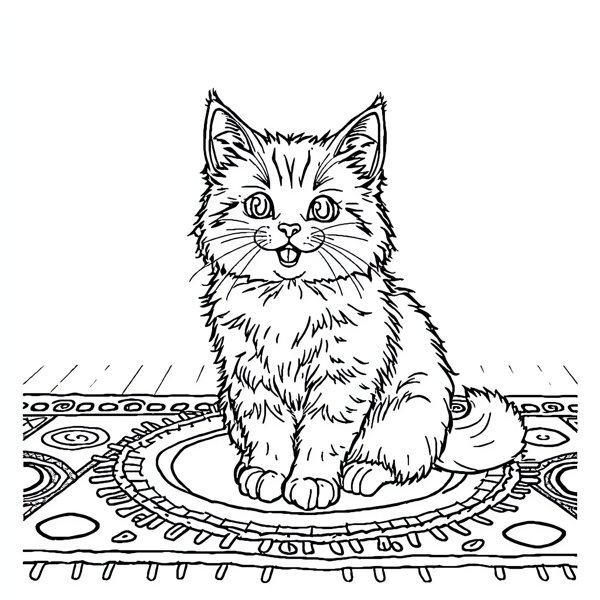 Kirby Cat sitting on a patterned rug Coloring Page (free black-and-white line drawing printable PDF for all, from beginners to advanced learners, including children, teens, adults, and seniors)