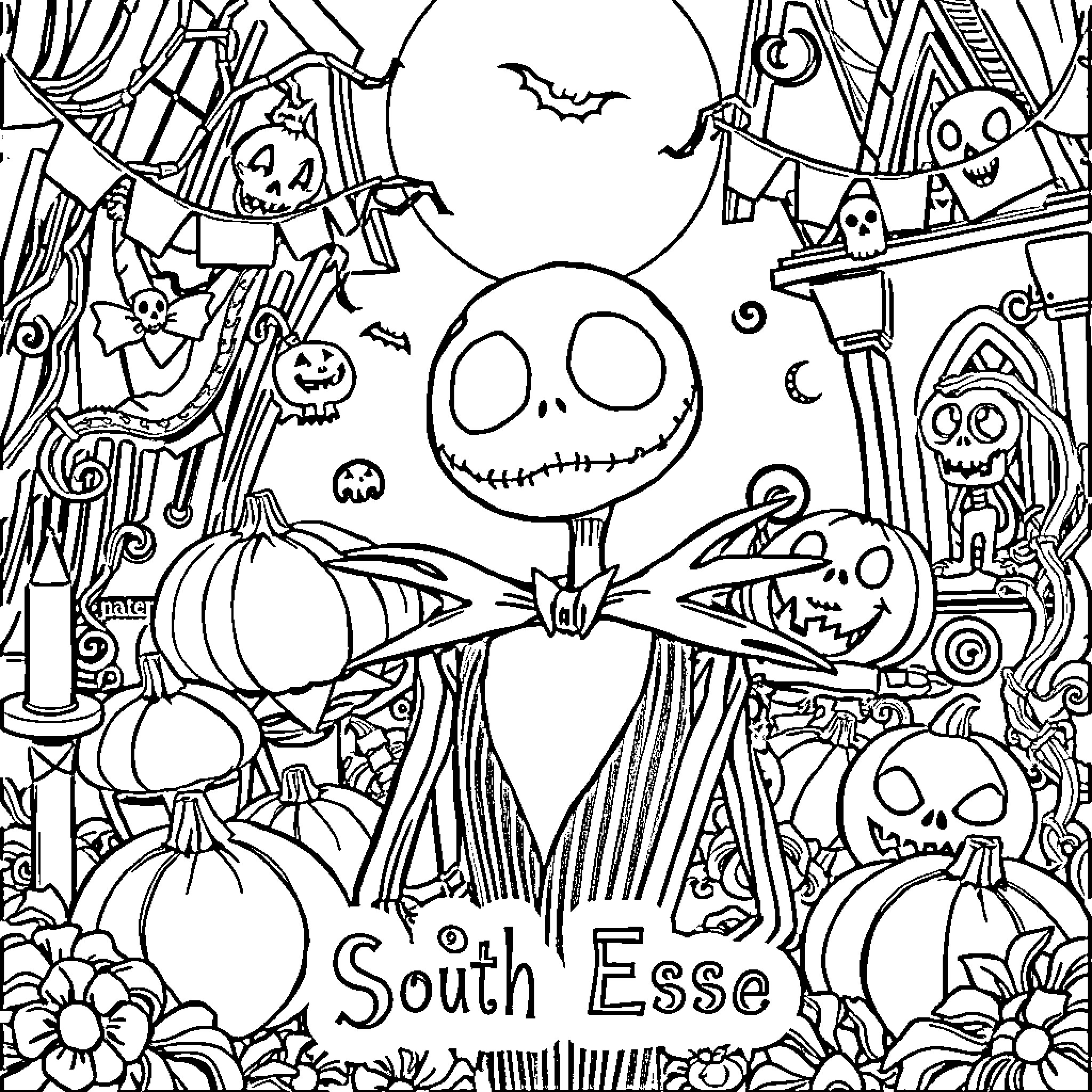 Jack Skeleton's Spooky Halloween Celebration Coloring Page (free black-and-white line drawing printable PDF for all, from beginners to advanced learners, including children, teens, adults, and seniors)